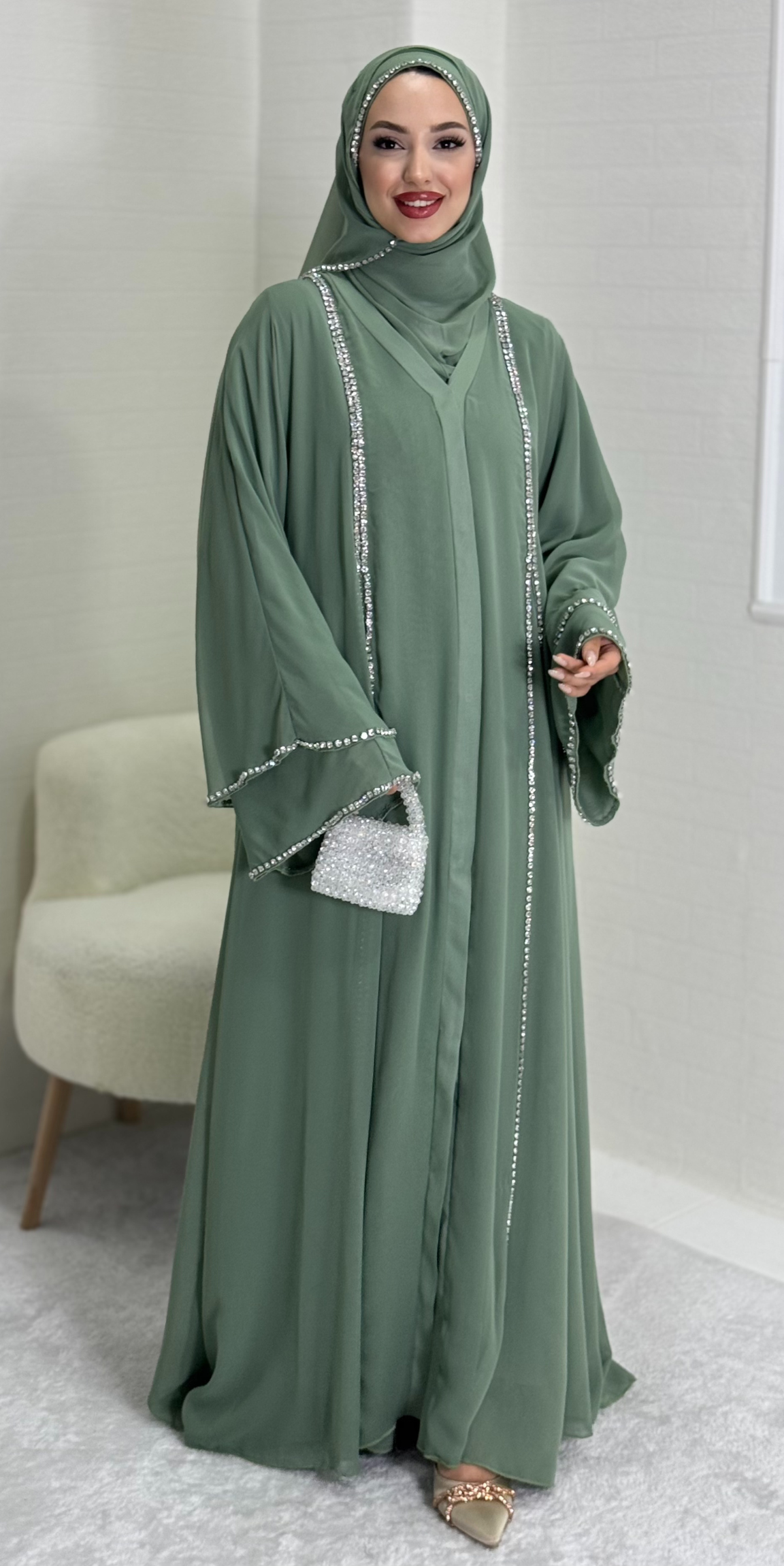 Chiffon Pistachio Green Abaya with Front Slit and White Stones