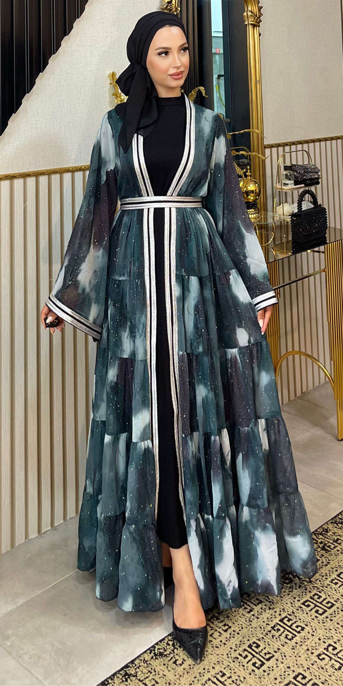 Bulut Desenli Şifon Abaya Takımı