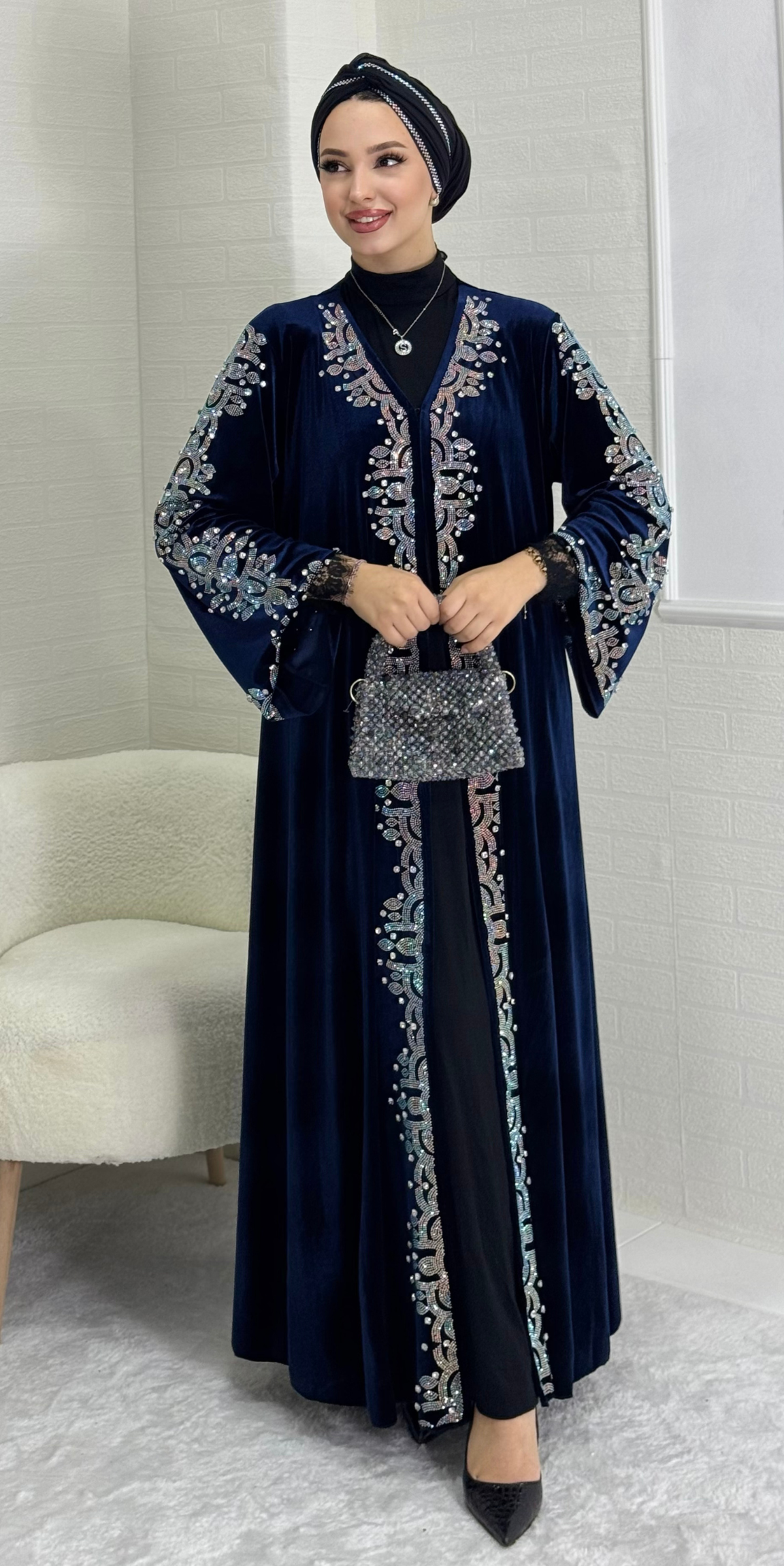 Stylish Blue Velvet Abaya with CanCan Stones on Front and Shoulder to Sleeves