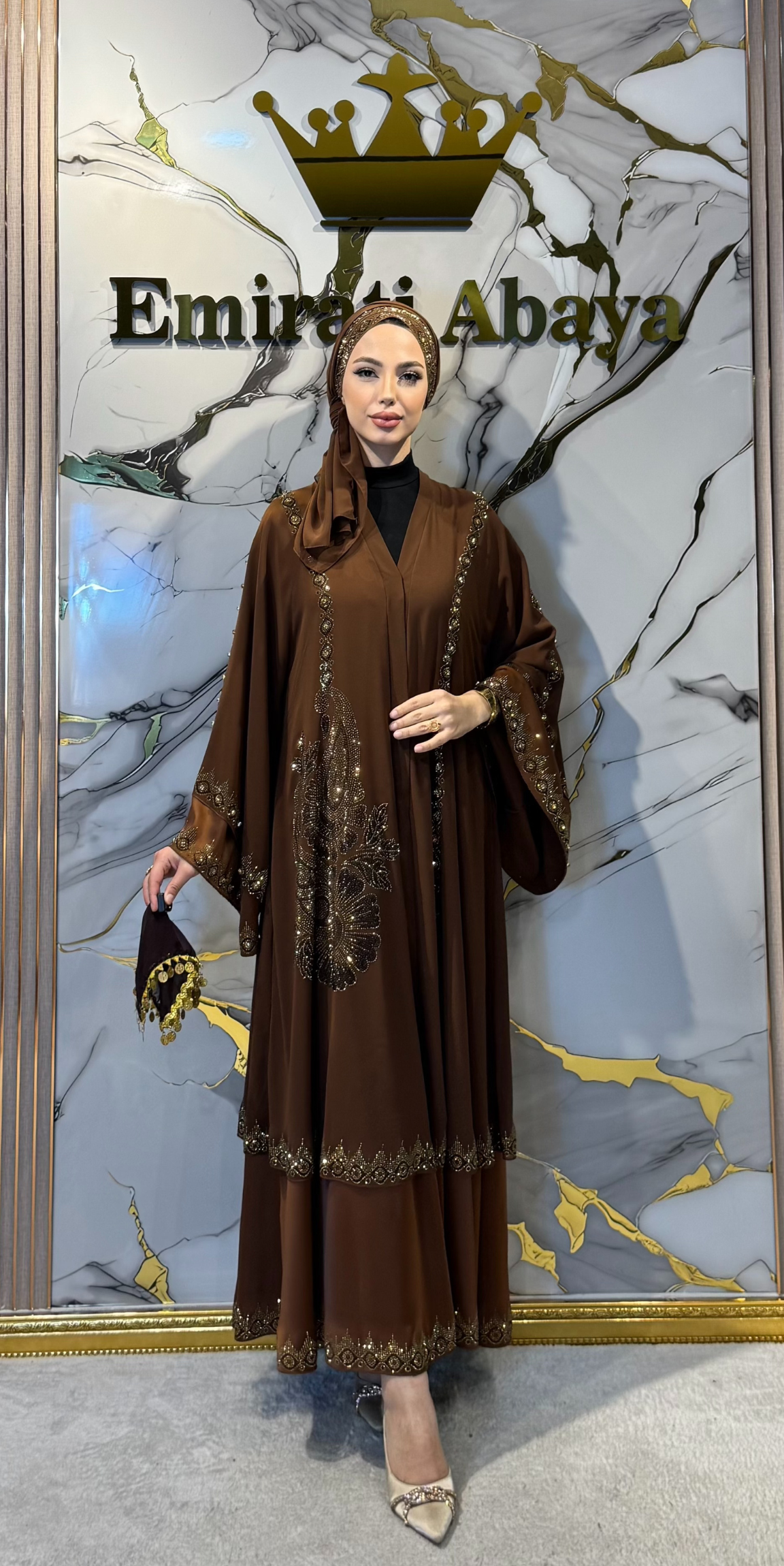 Gold Taş İşlemeli İki Katlı Zara Saten Abaya