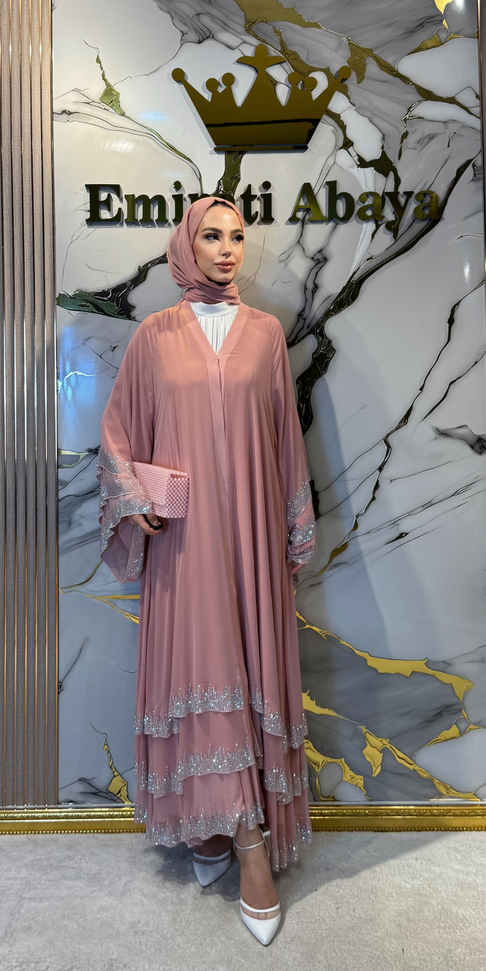 Pink Abaya with Sparkling Stones on the Hem TM22 WSP