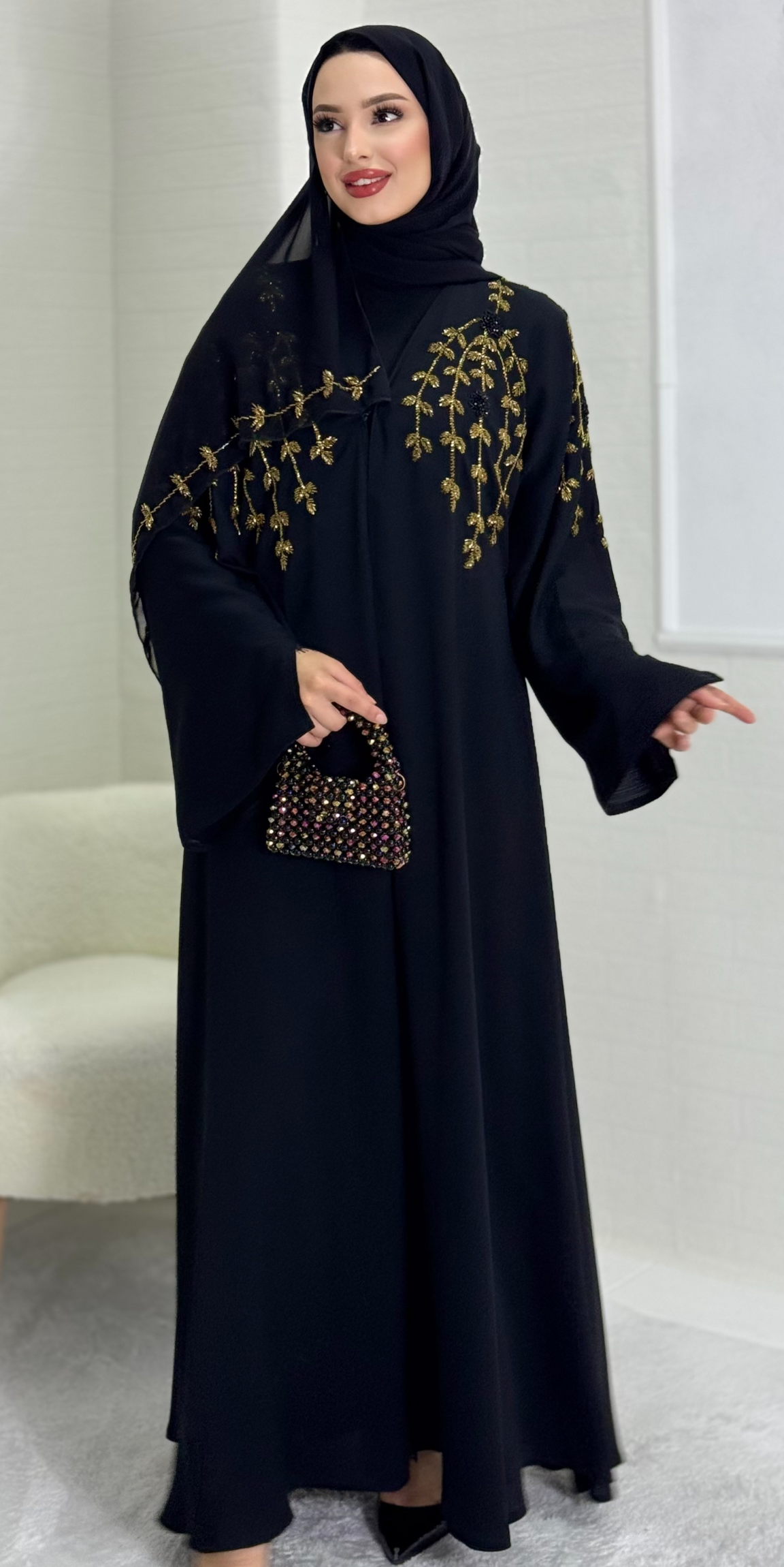 Black Abaya with Hand Embroidered Gold Stones on Shoulders