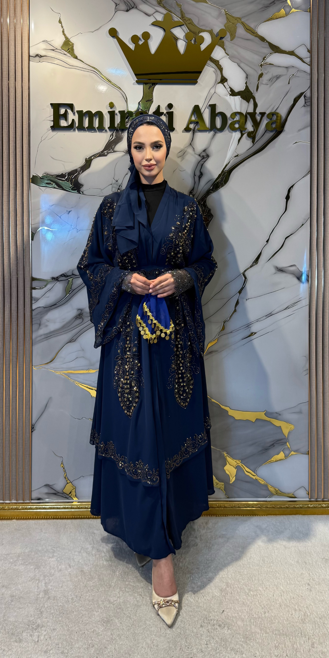 Gold Taşlı Çift Katlı Şifon Larcivet Abaya