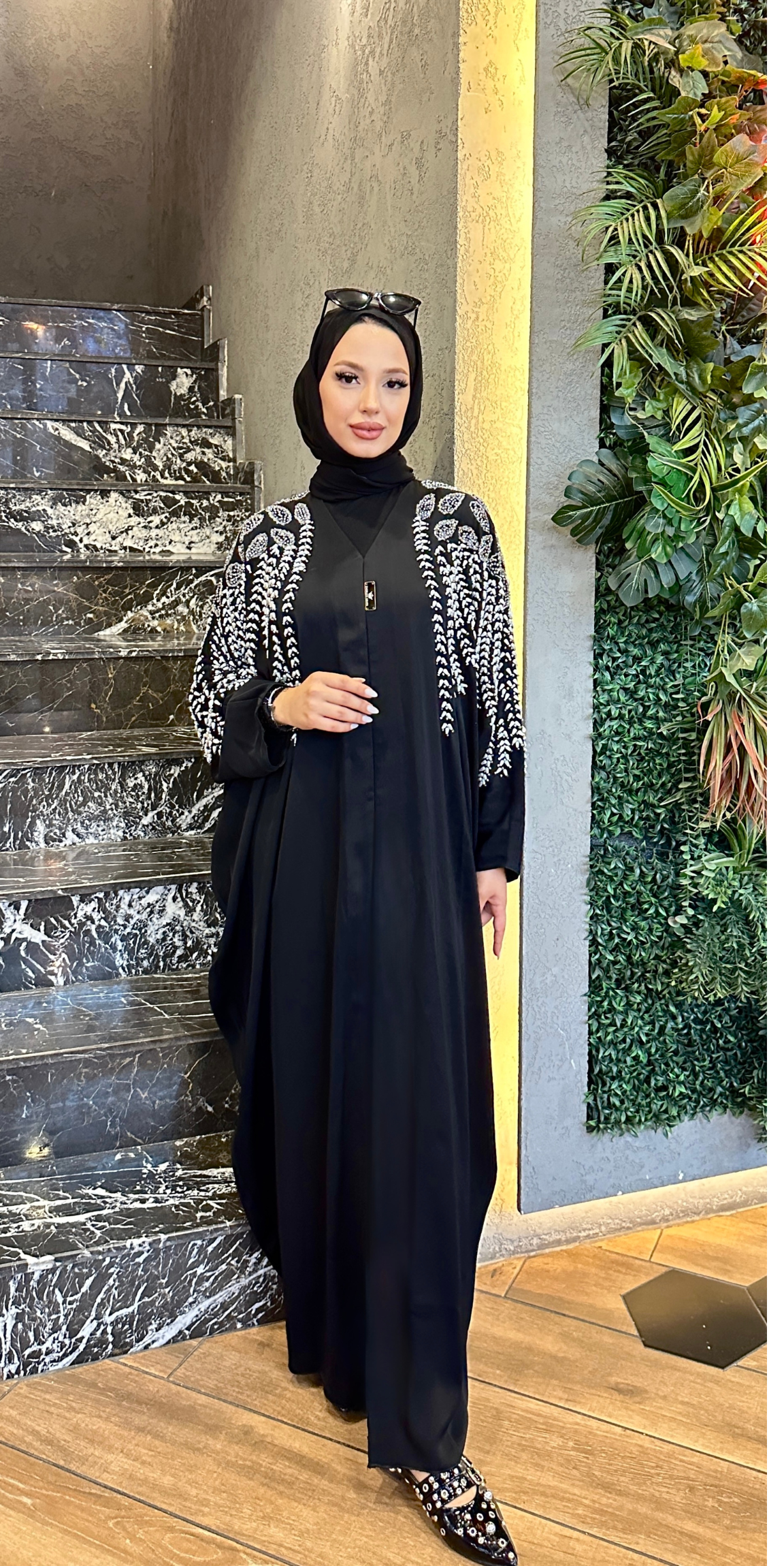 Black Abaya with Pearls and Swarovski Stone Embroidered Shoulders