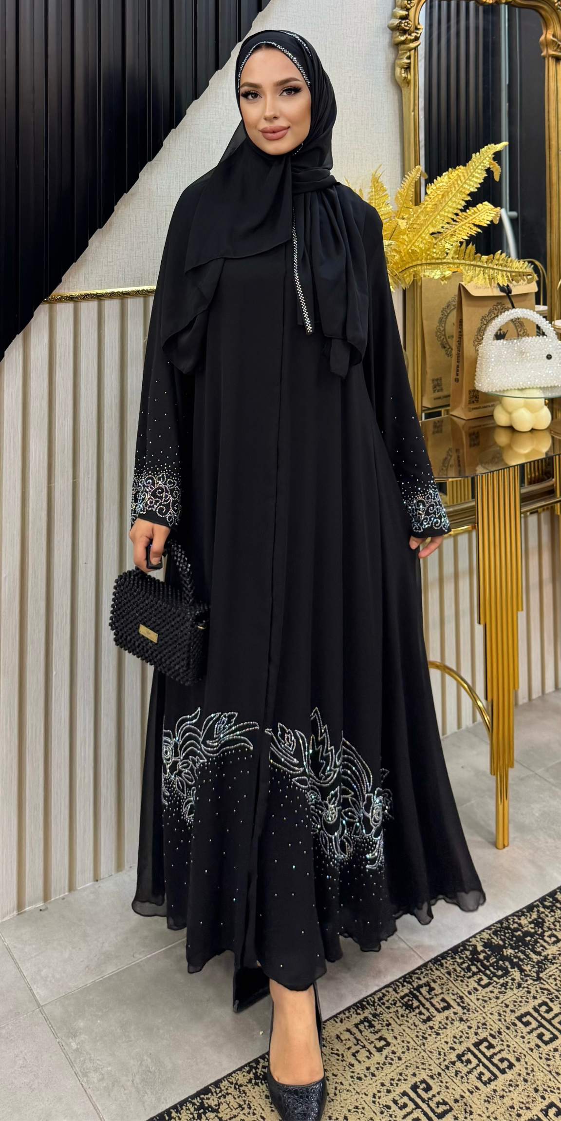 Işıltılı Vals Desenli Şifon Taşlı Abaya