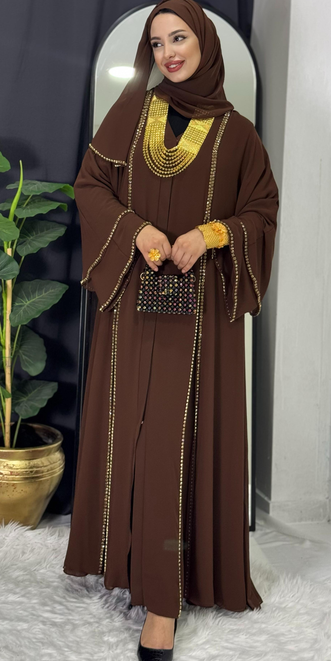 Chiffon Brown Abaya with Front Slit and Gold Stones