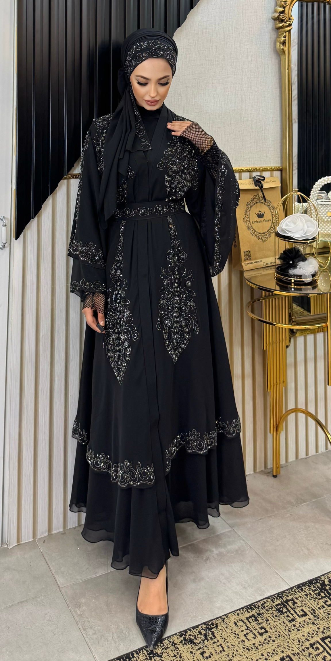Çift Katlı Şifon Hematit Taş İşlemeli Abaya