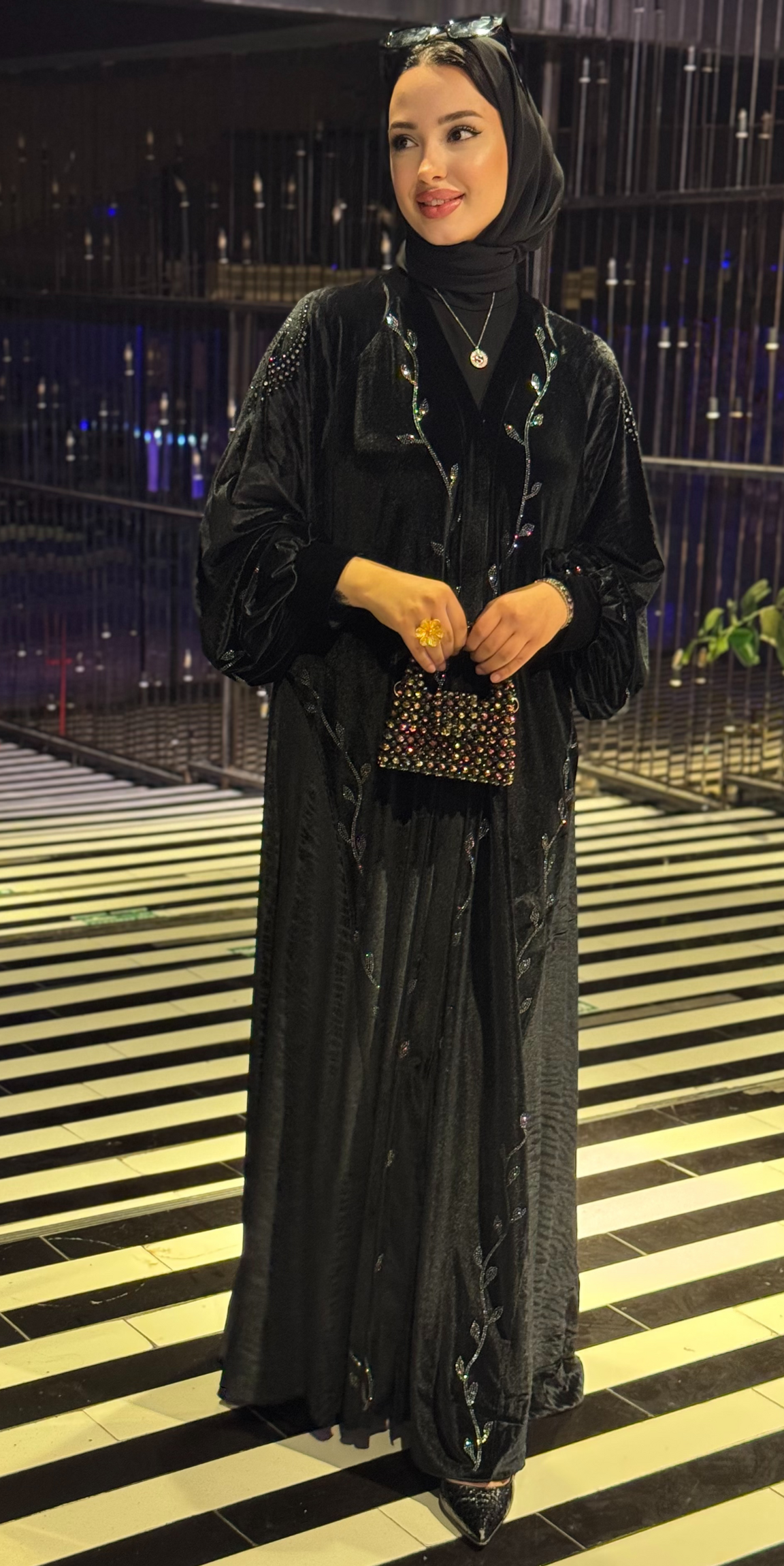 Black Stone Velvet Abaya with Gathered Sleeves