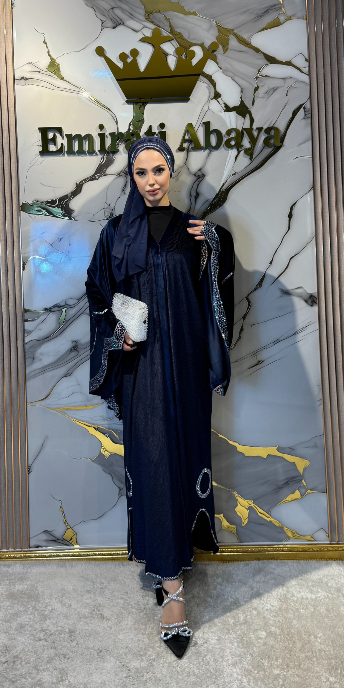 BLUE Velvet Abaya with White Stone Detail