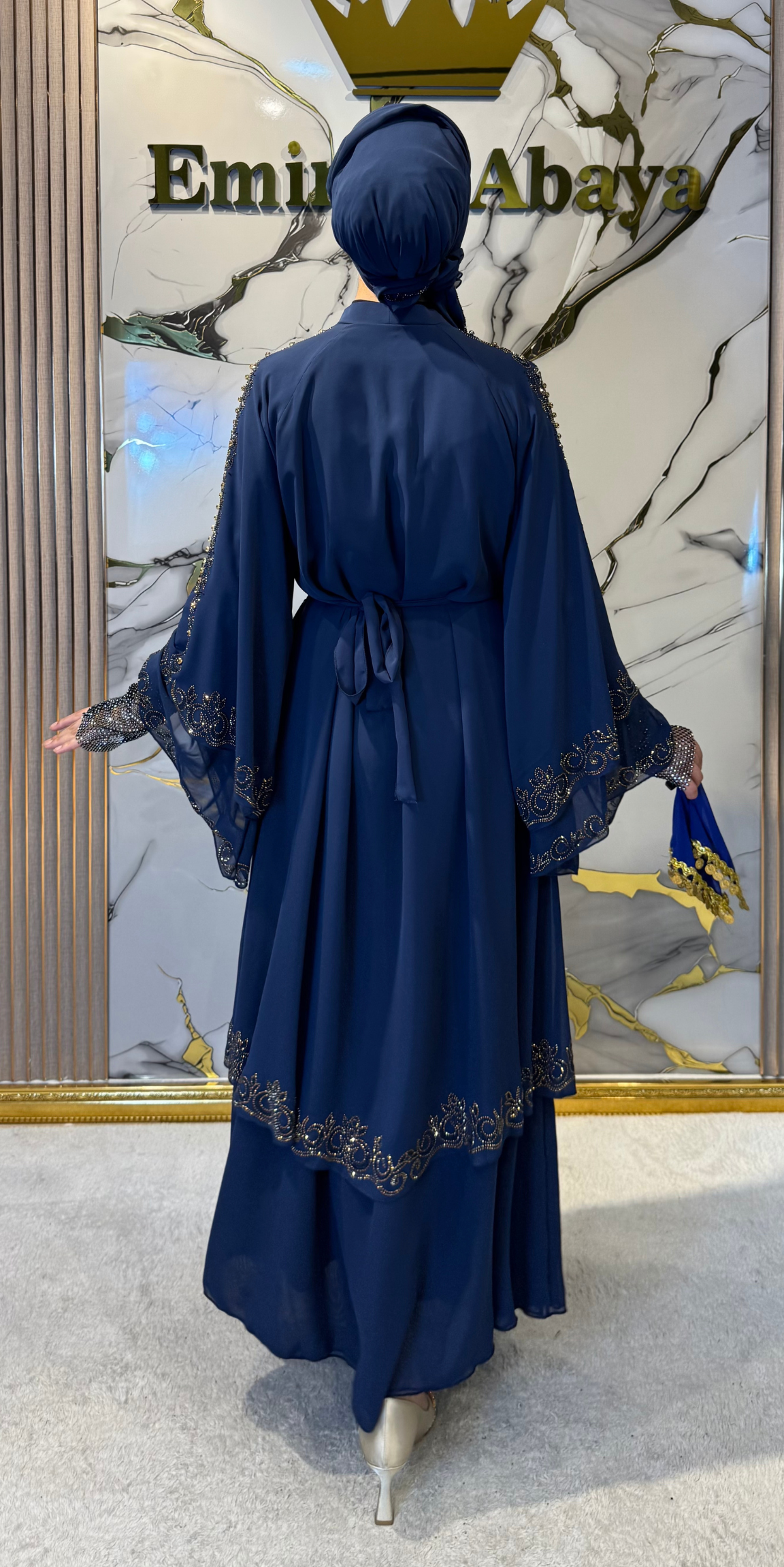 Gold Taşlı Çift Katlı Şifon Larcivet Abaya