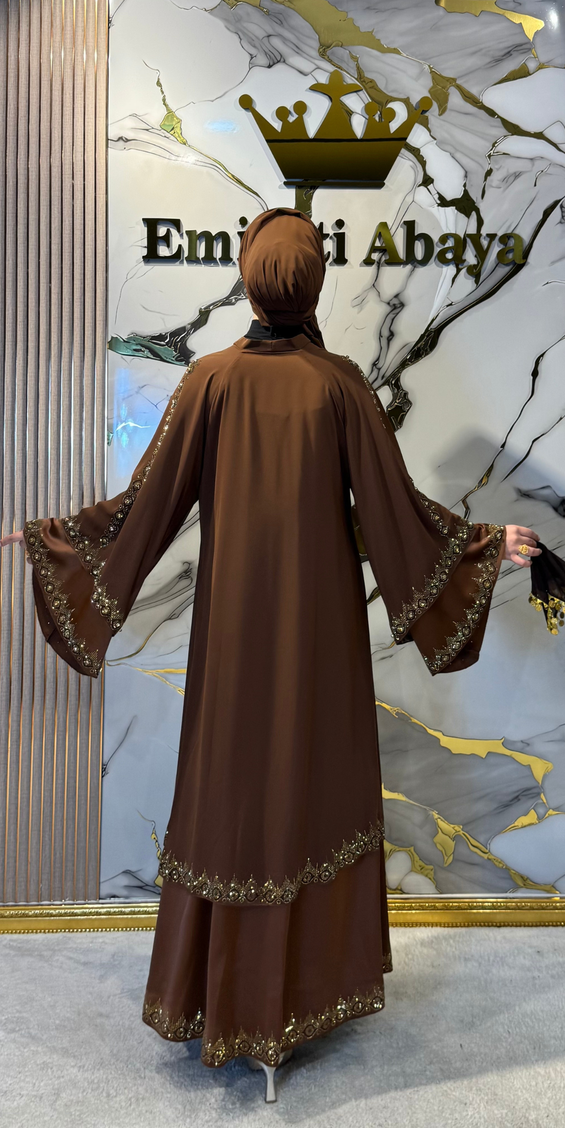 Gold Taş İşlemeli İki Katlı Zara Saten Abaya