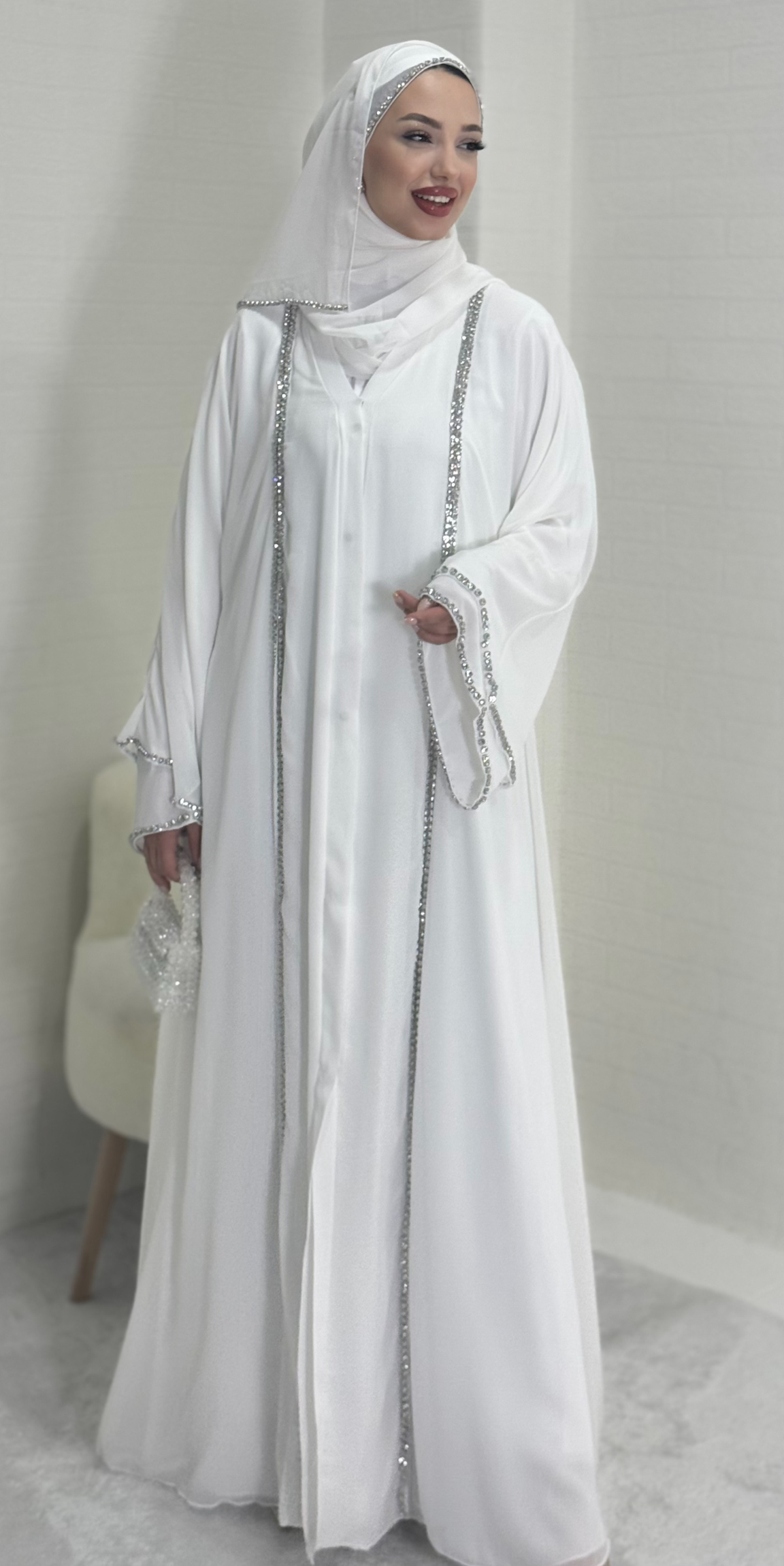 White Abaya with Front Slit and White Stones