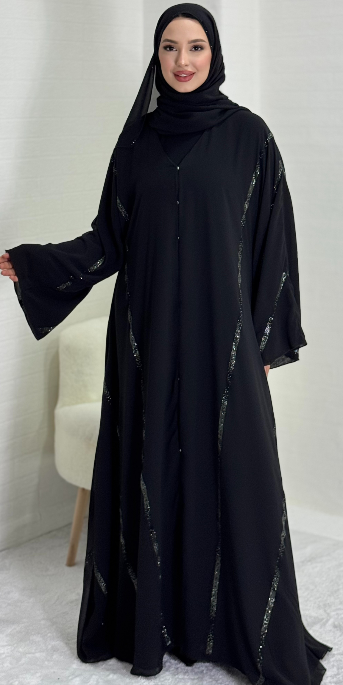 Black Chiffon Abaya with Hematite Sparkle for Subtle Elegance