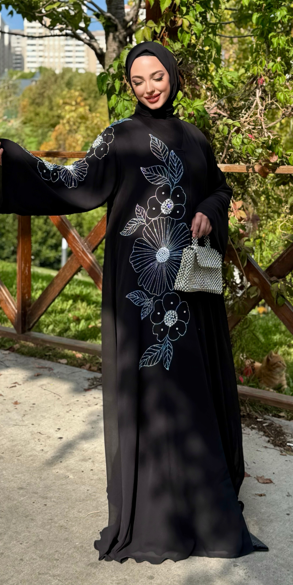 Black Abaya with Sparkly Stone Pattern