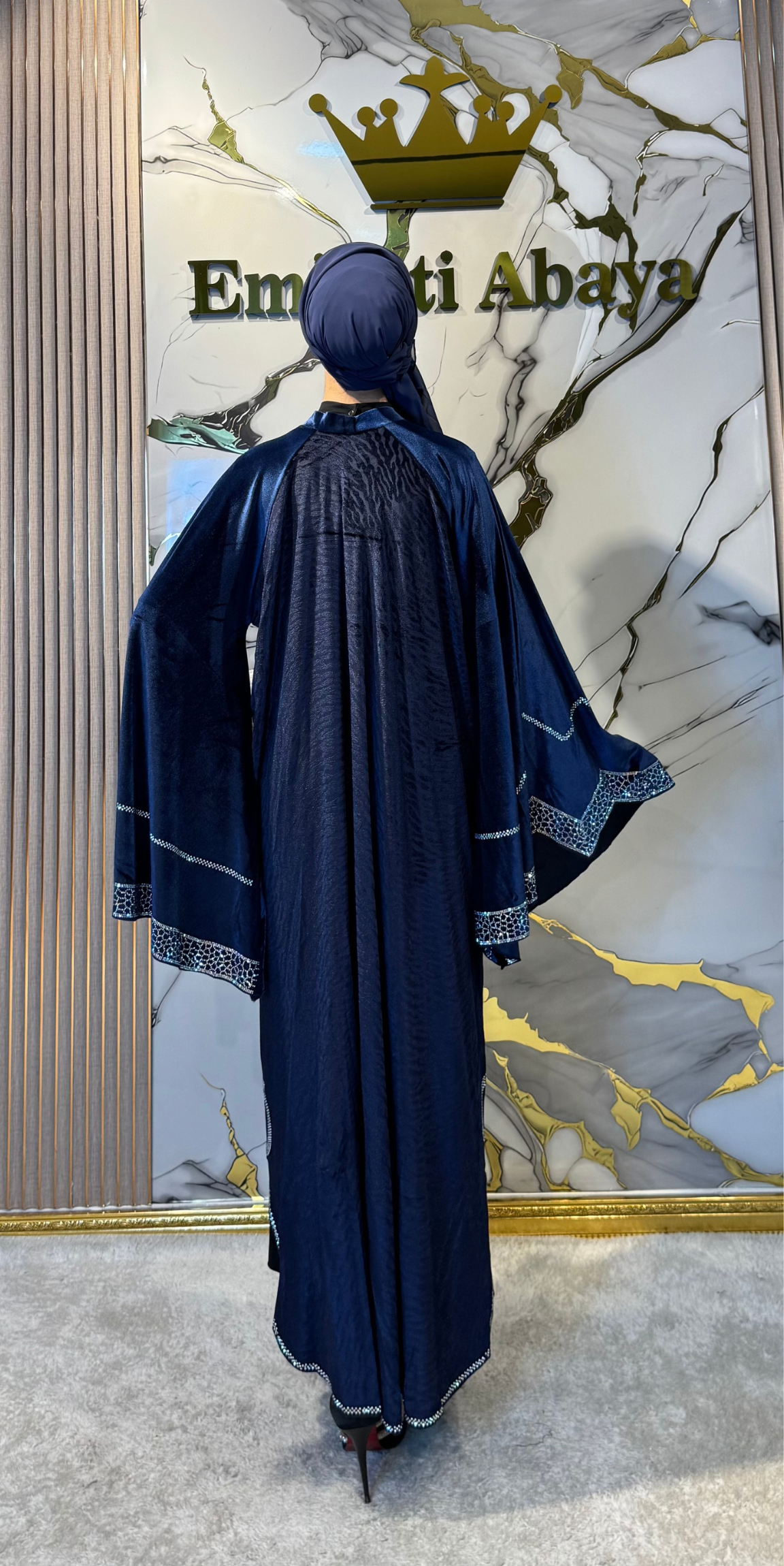 JanJan Stone Detail Navy Blue Velvet Abaya - Stylish and Elegant Model WS09 JSL