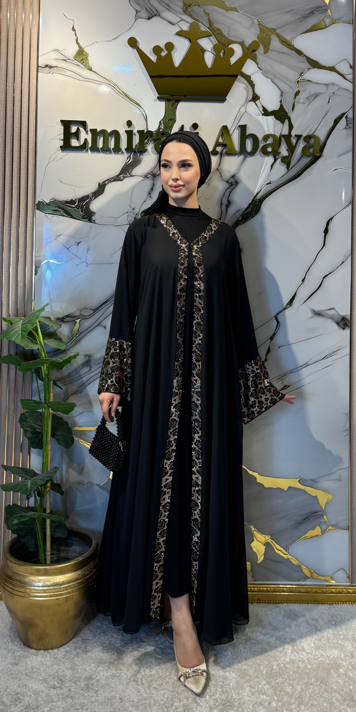 Leopar Taş Detaylı Şifon Siyah Abaya