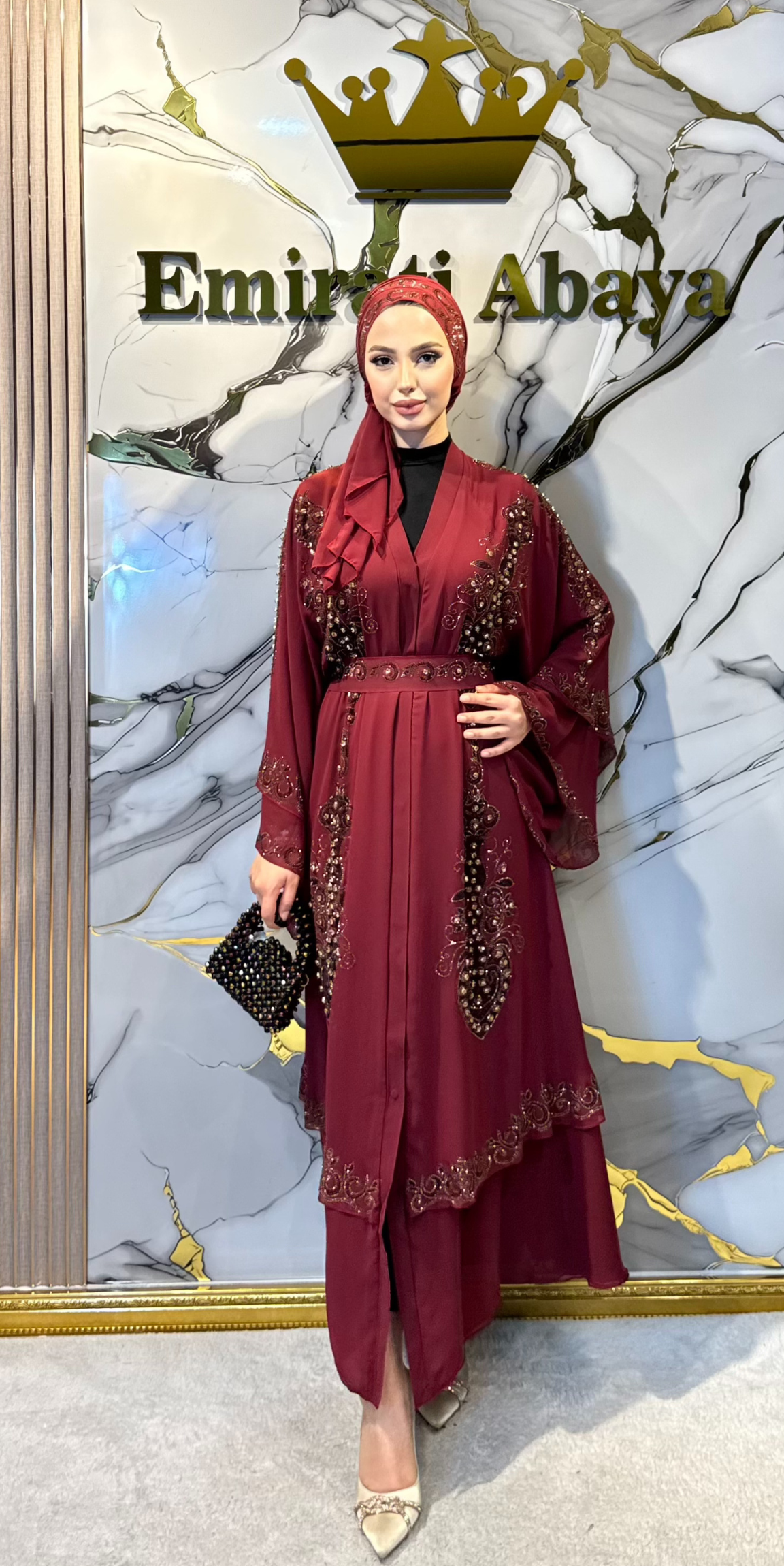Gold Taşlı Çift Katlı Şifon Bordo Abaya
