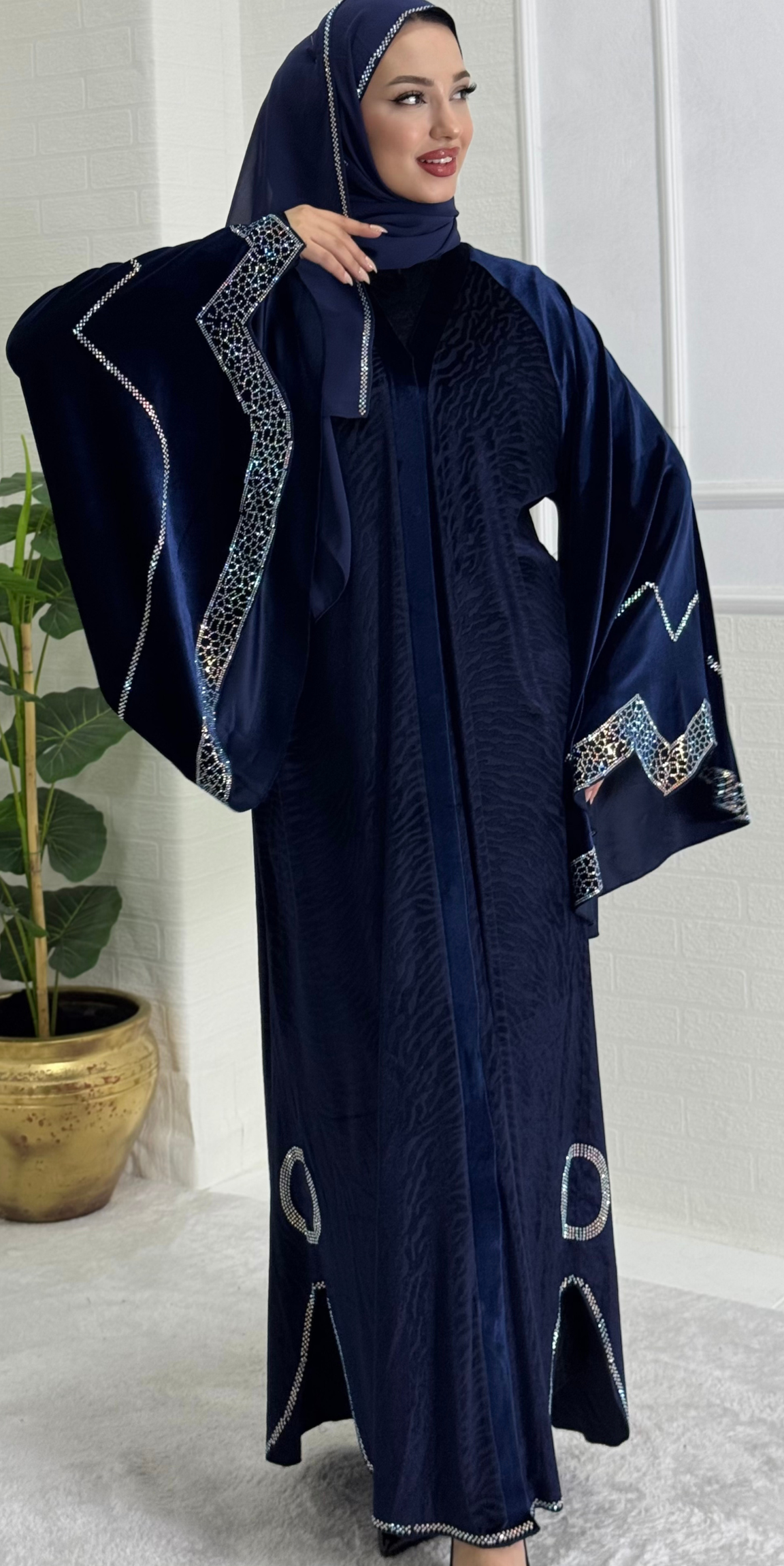 BLUE Velvet Abaya with White Stone Detail