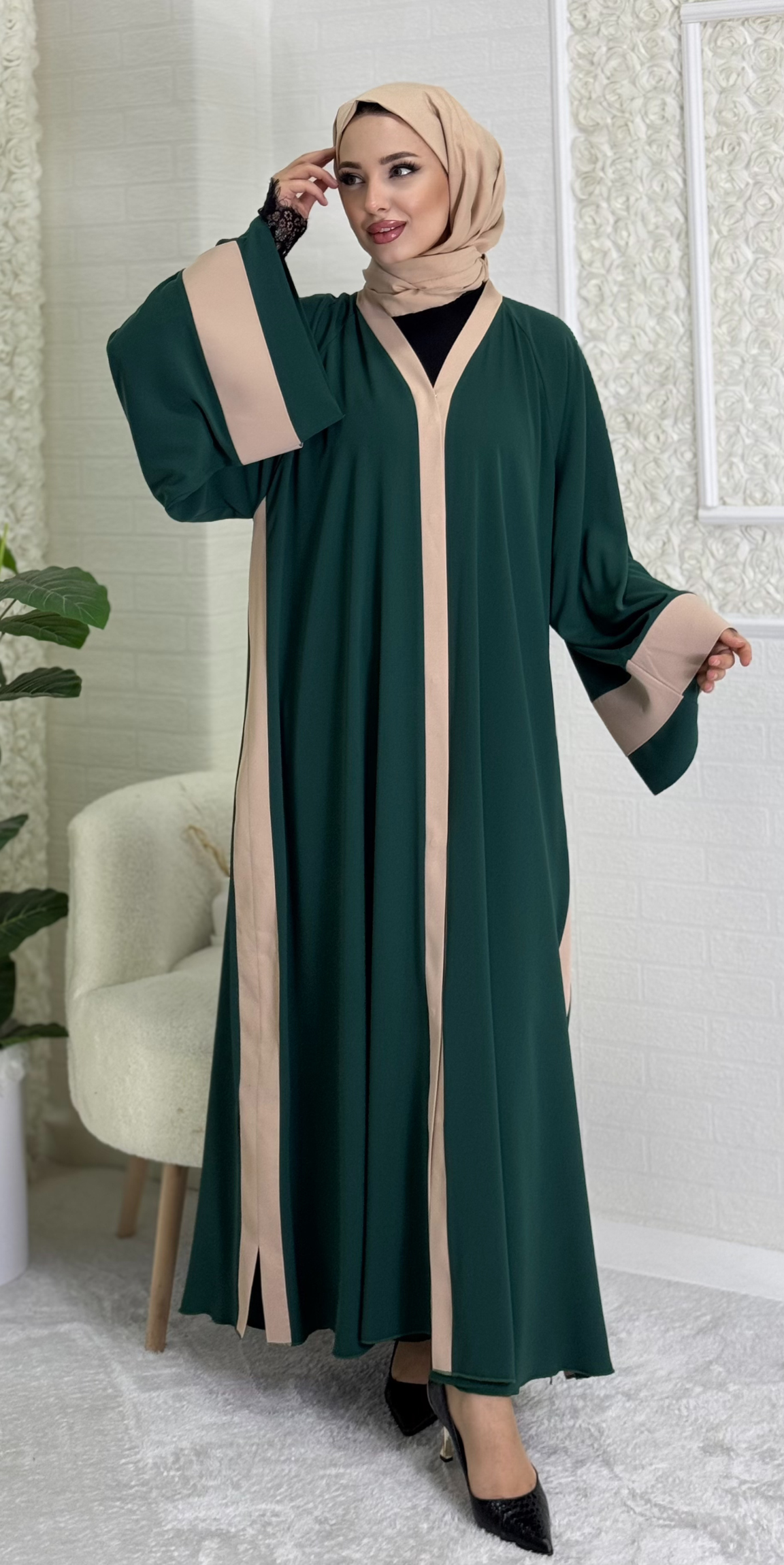 Cream Garnished Green Daily Abaya