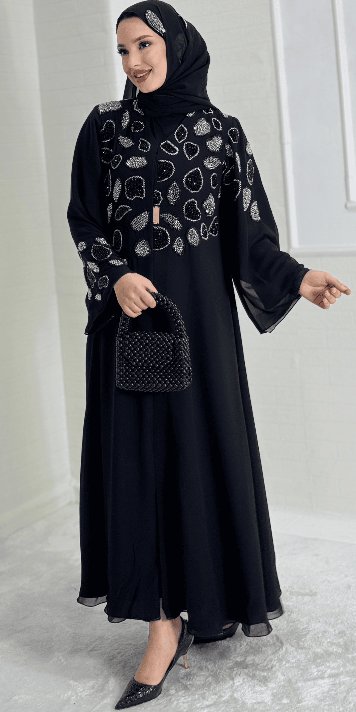 Dubai Style Black Abaya with Hand Embroidered Beads on Shoulders