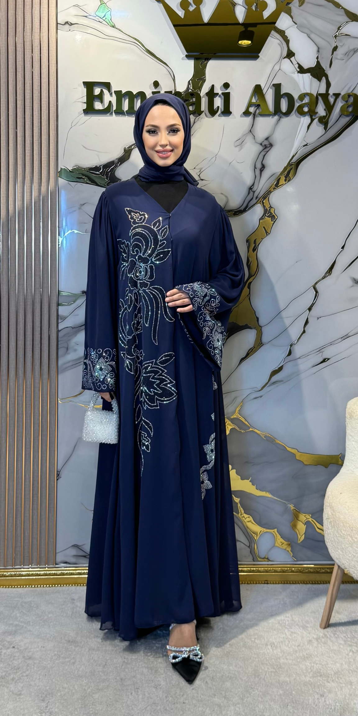 JanJan Stone Embellished Blue Floral Pattern Chiffon Abaya Shawl Included.
