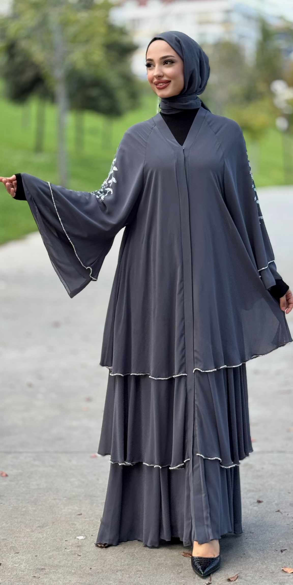 Gray Abaya with Swarovski Pattern on Shoulders