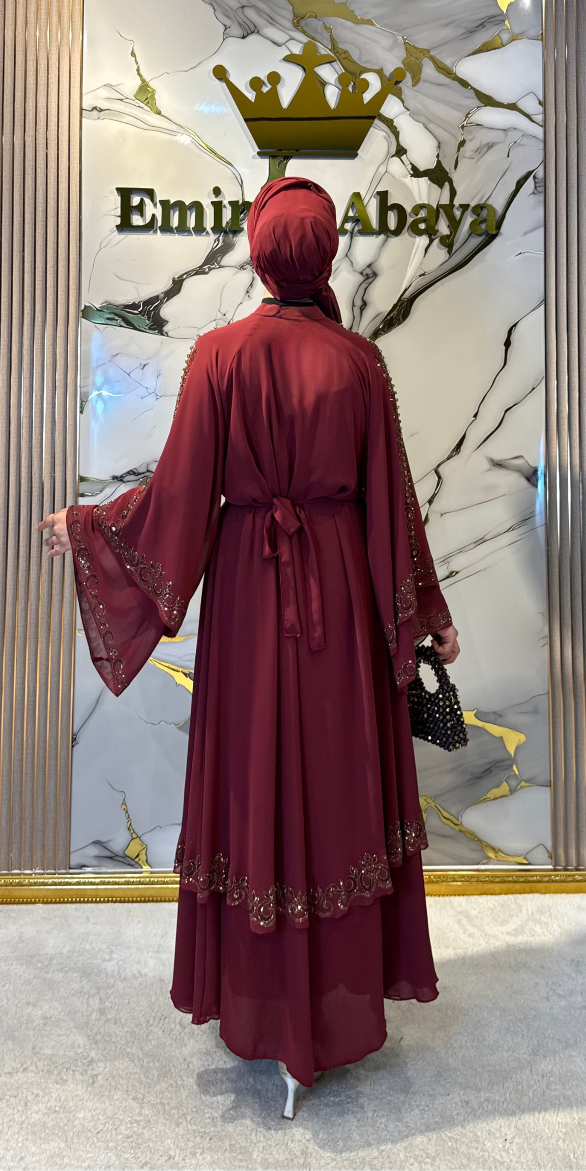 Gold Taşlı Çift Katlı Şifon Bordo Abaya