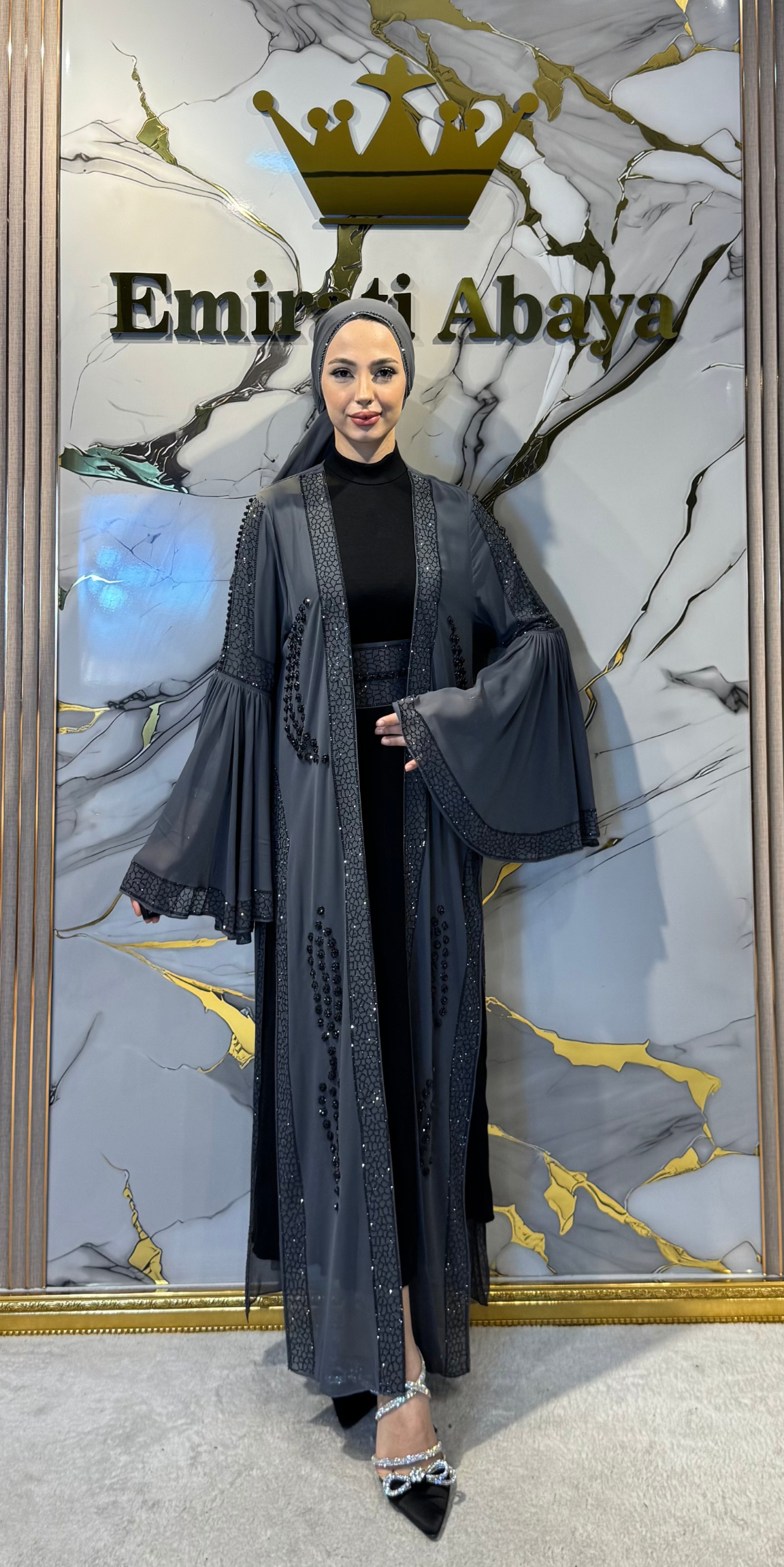Black Stoned Gray Local Abaya with Open Front