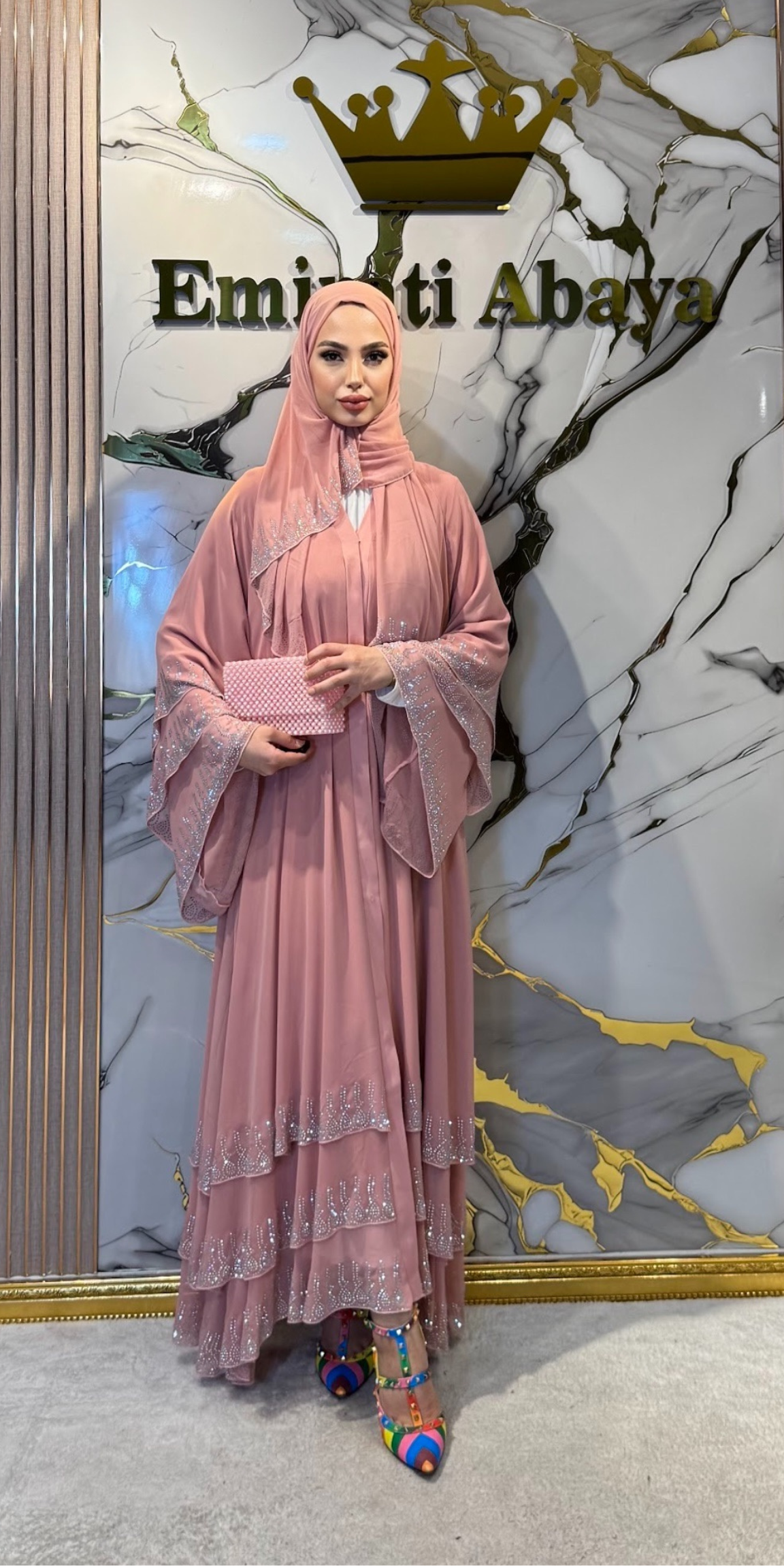 Etek Uçları Janjan Taşlı Pembe Abaya