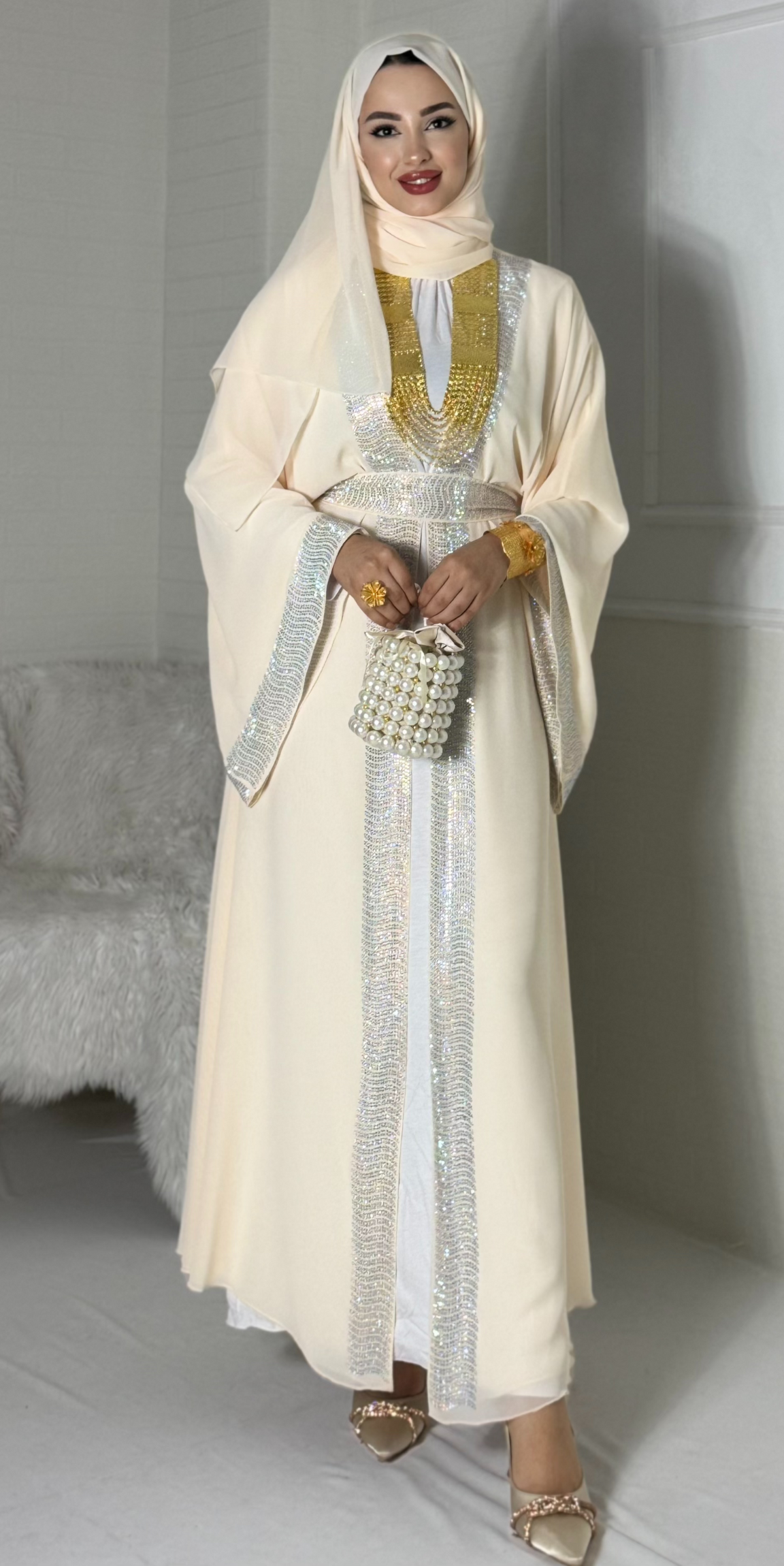 Elegant Cream Abaya with Swarovski Stones on the Front