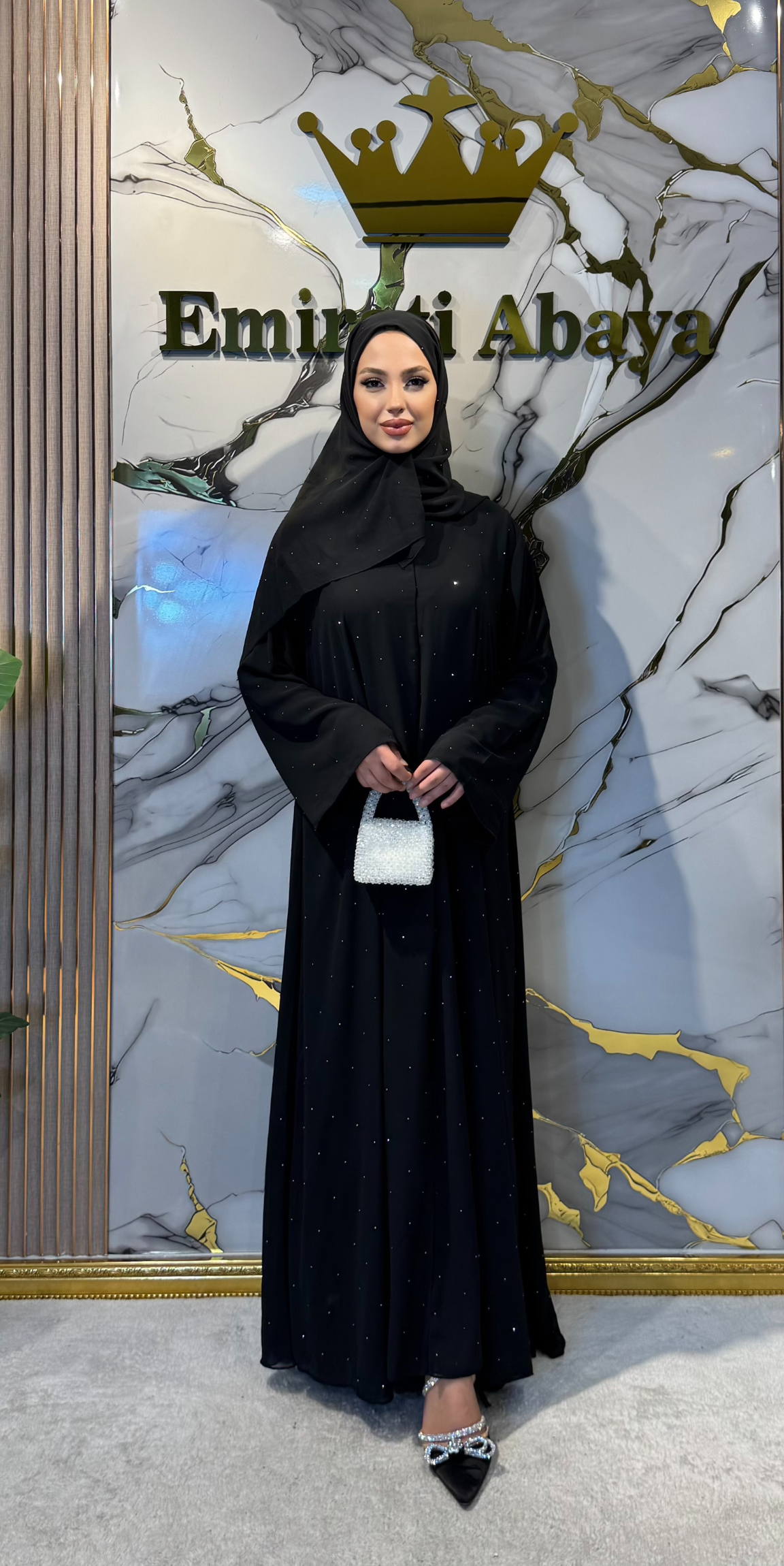 Hematit Taşlı Nokta Desenli Şifon Abaya