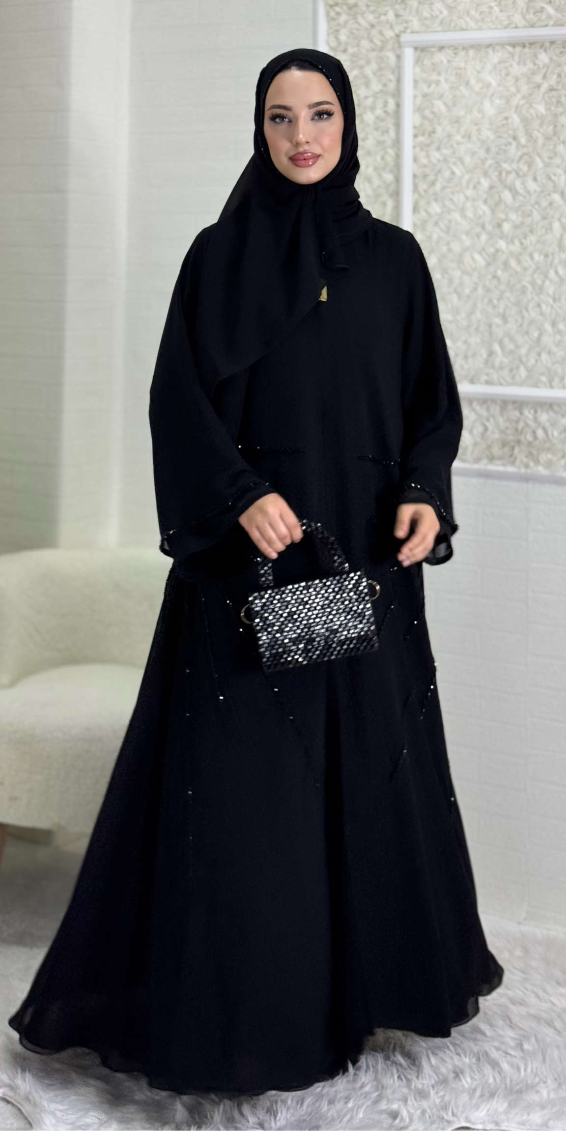 Black Stone Abaya with Hand Embroidered Sides