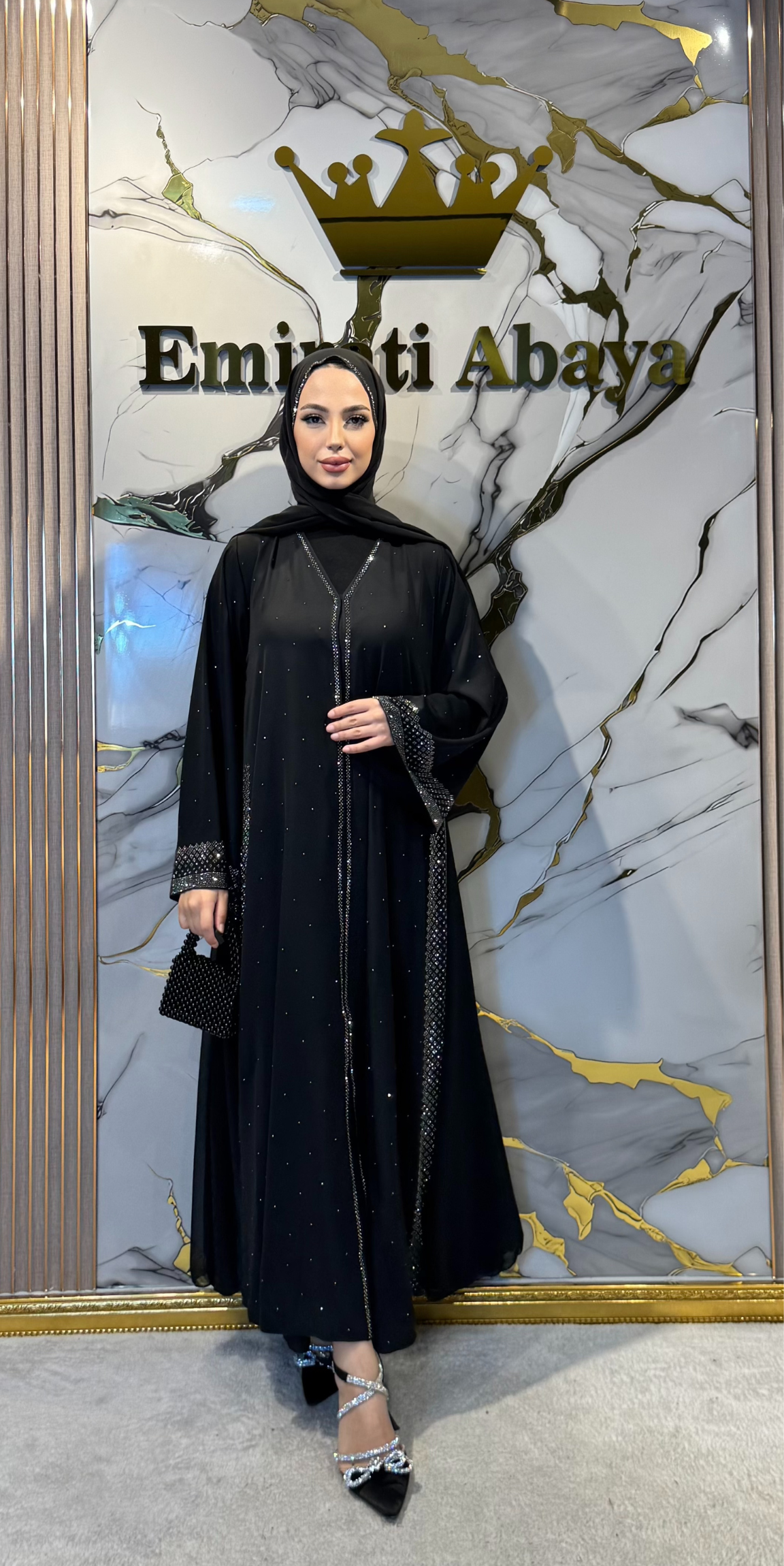 Lüks Hematit Taş Detaylı Dubai Abaya