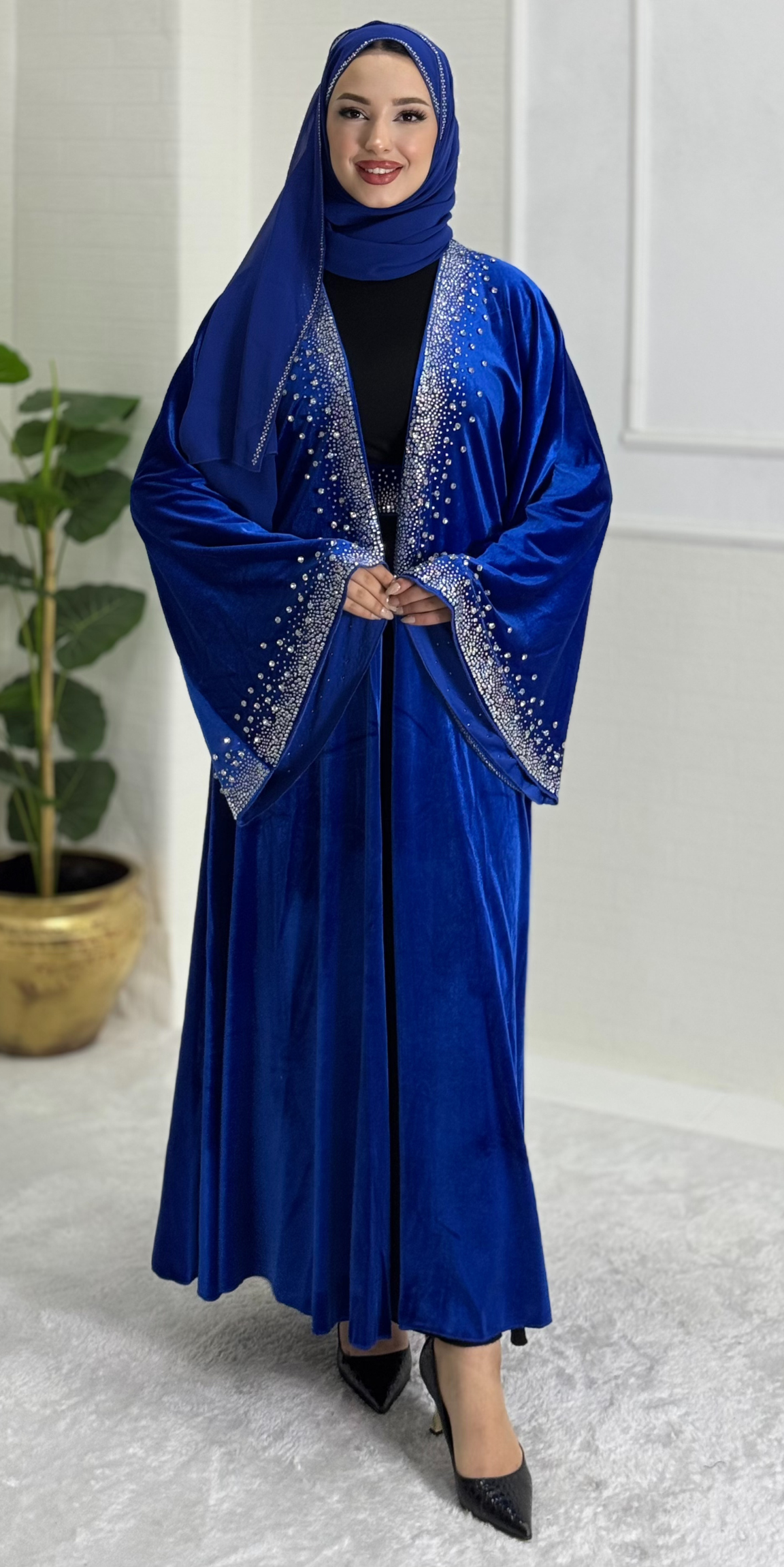 Elegant BLUE Velvet Abaya with Crystal Stones on the Front