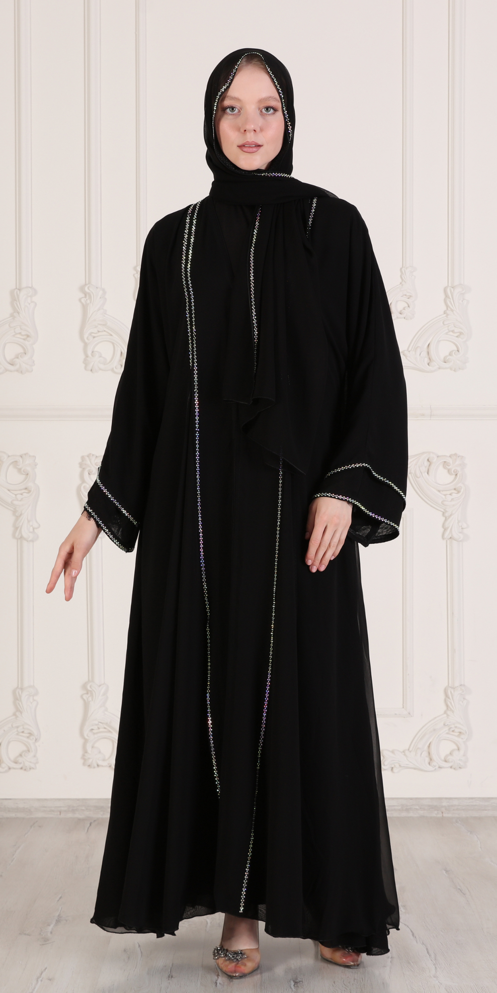 Black Abaya with Front Slit and Swarovski Crystals - Snap Button Rainbow Detail Model M6 RSB