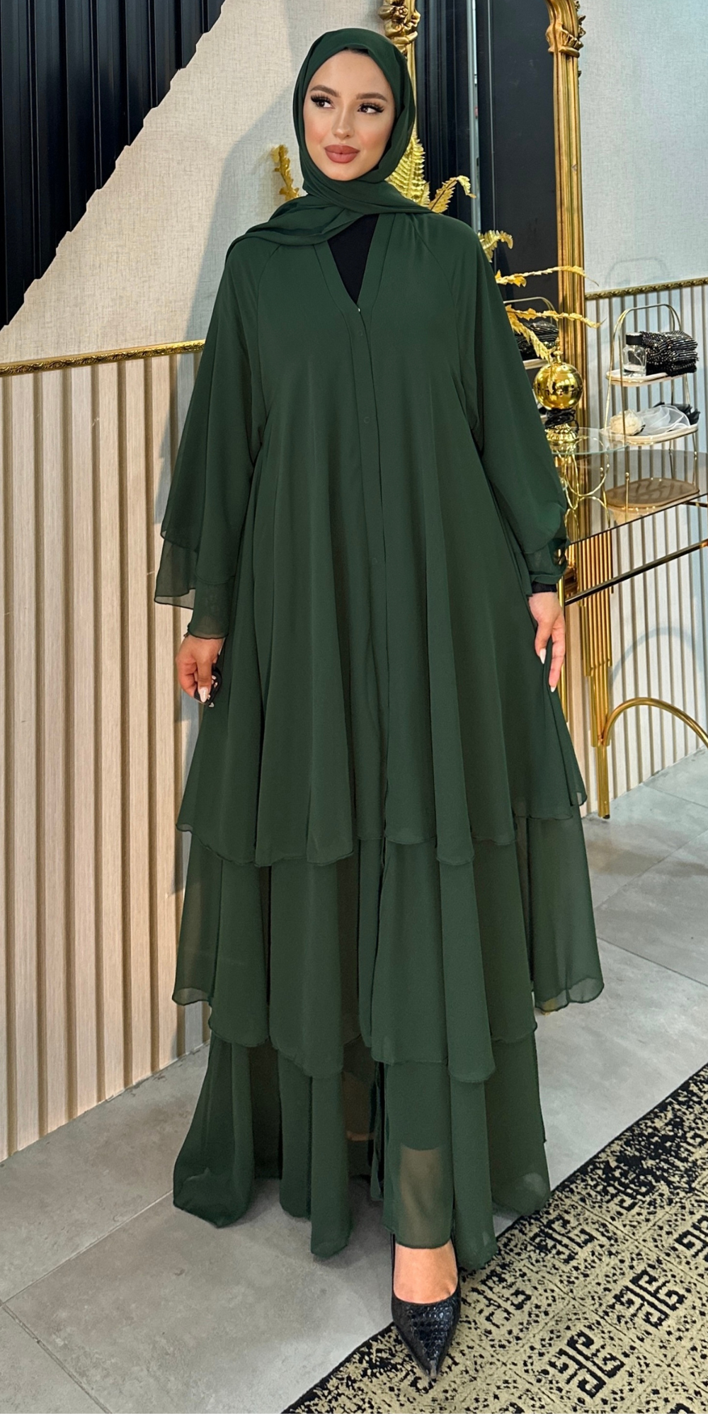 Üç Katlı Yeşil Abaya RK011 GREEN - Çıtçıtlı Modern Zarif Model