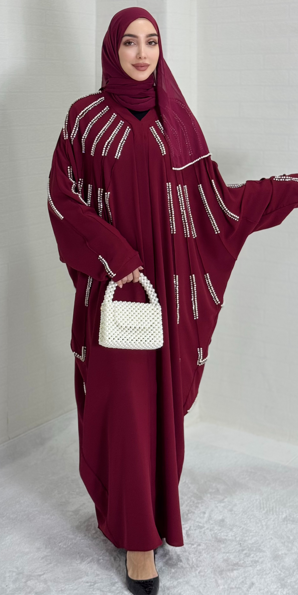 Chiffon Burgundy Abaya with Pearls and Crystal Stones on the Front