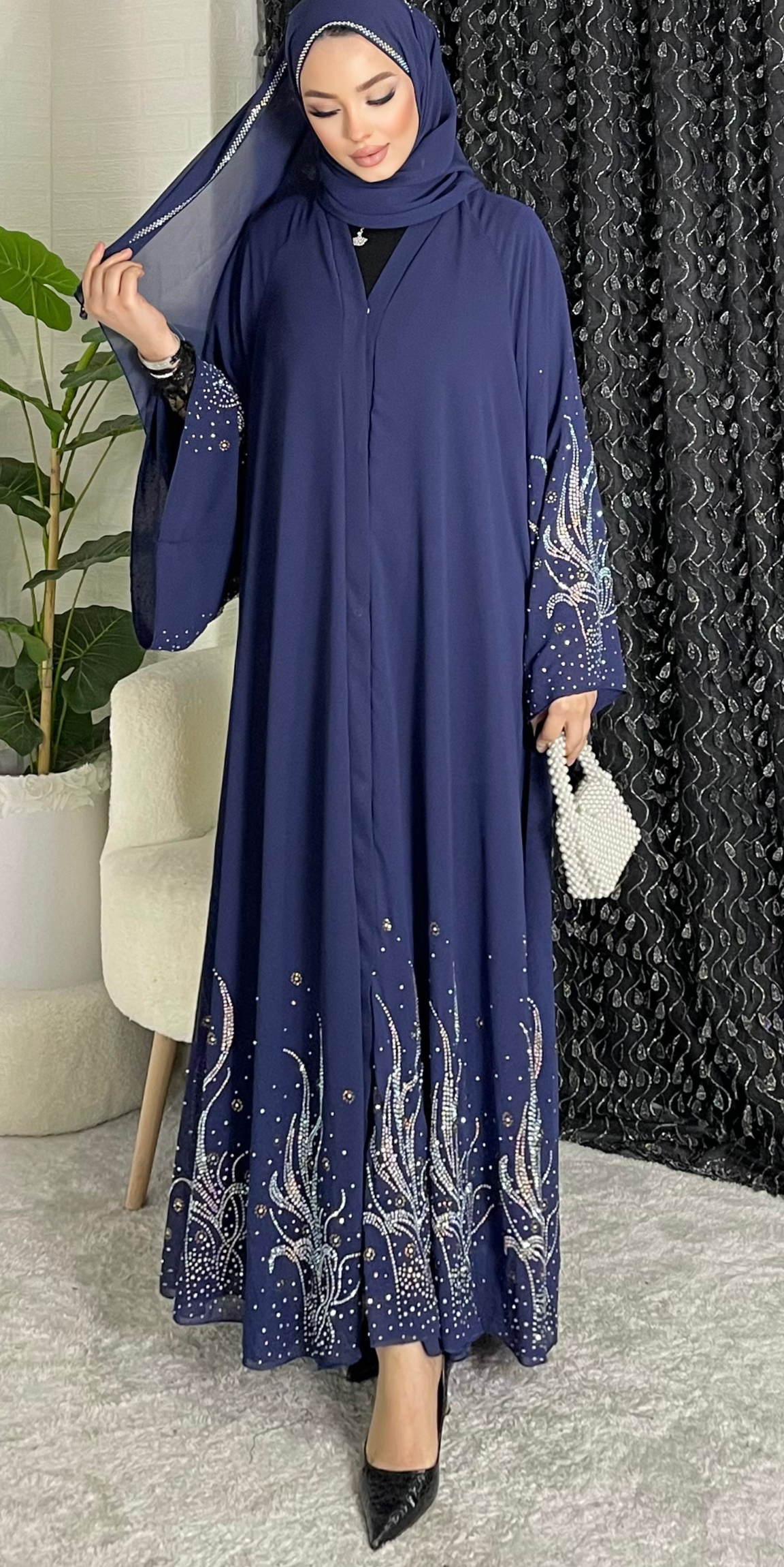 Etek Uçları Swarovski Desenli Şık Mavi Şifon Abaya