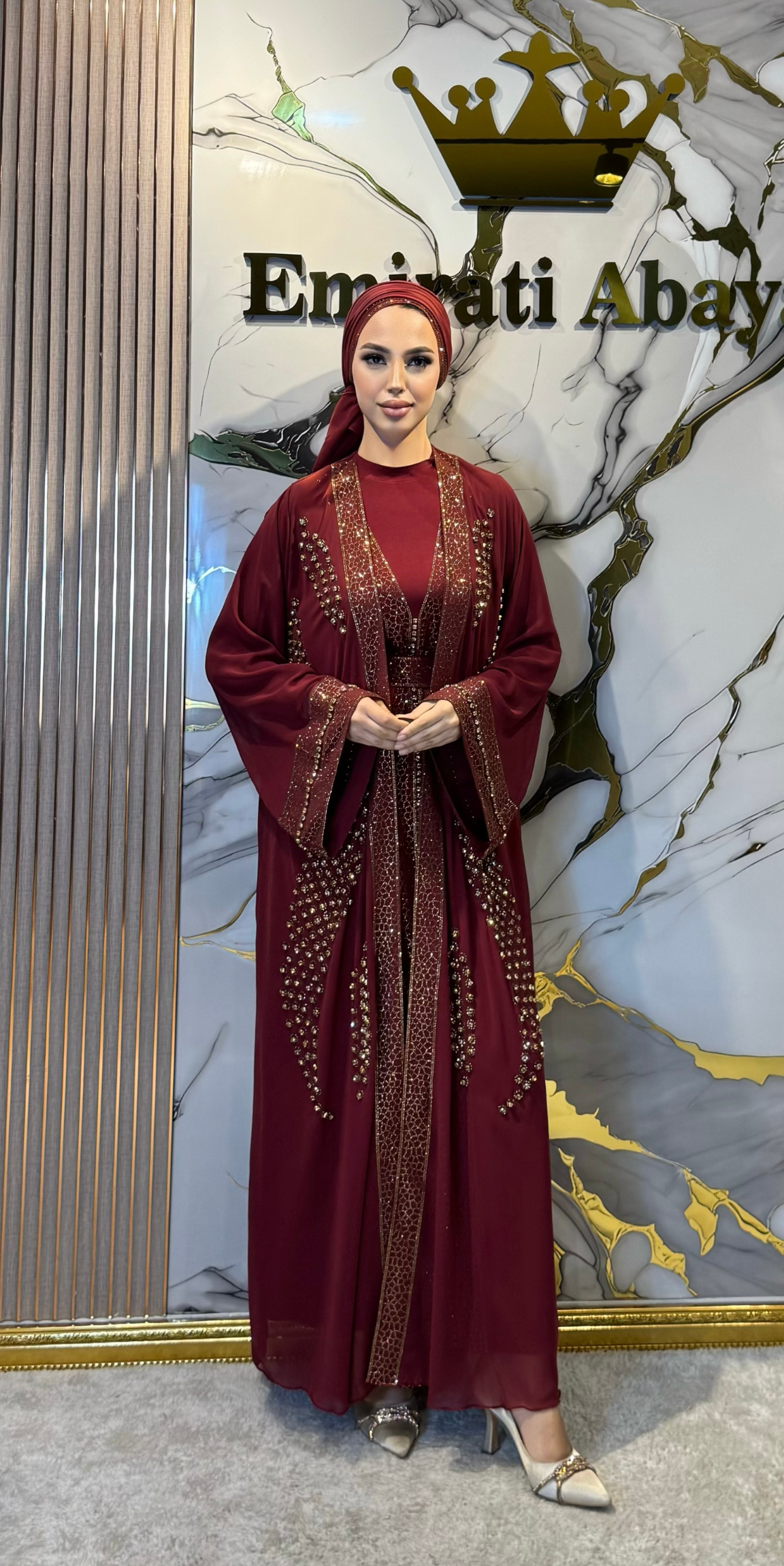 Önü Açık Gold Yöresel Bordo Abaya