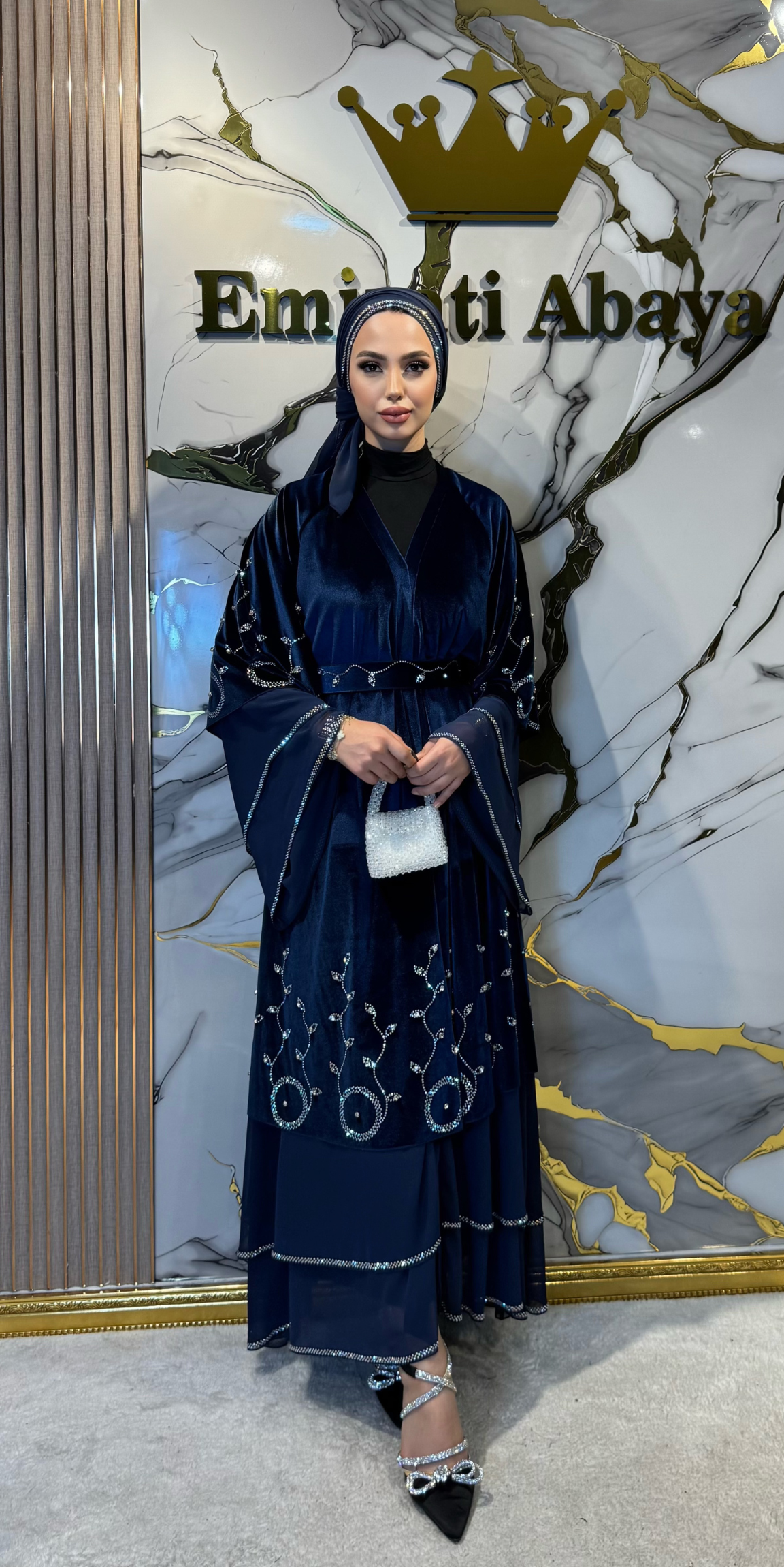 Gece Mavisi Kadife Taşlı Abaya