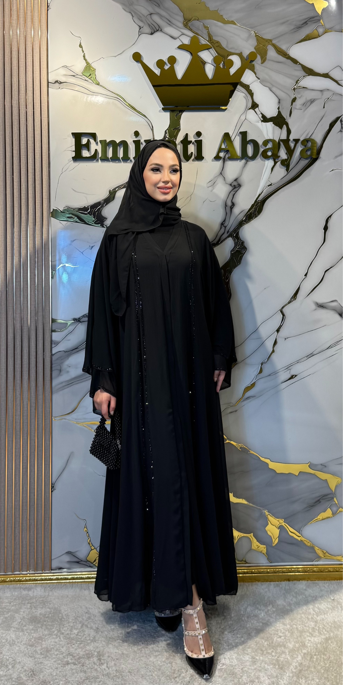 Black Abaya with Front Slit and Black Stones