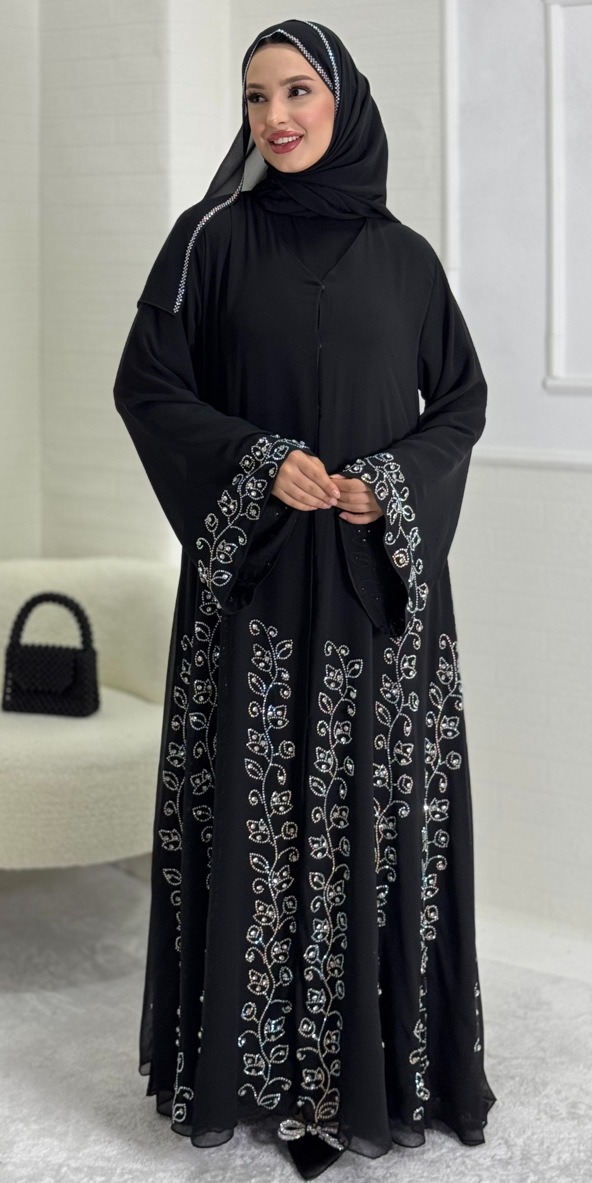 Black Abaya with Flower Patterned Stones on the Skirt