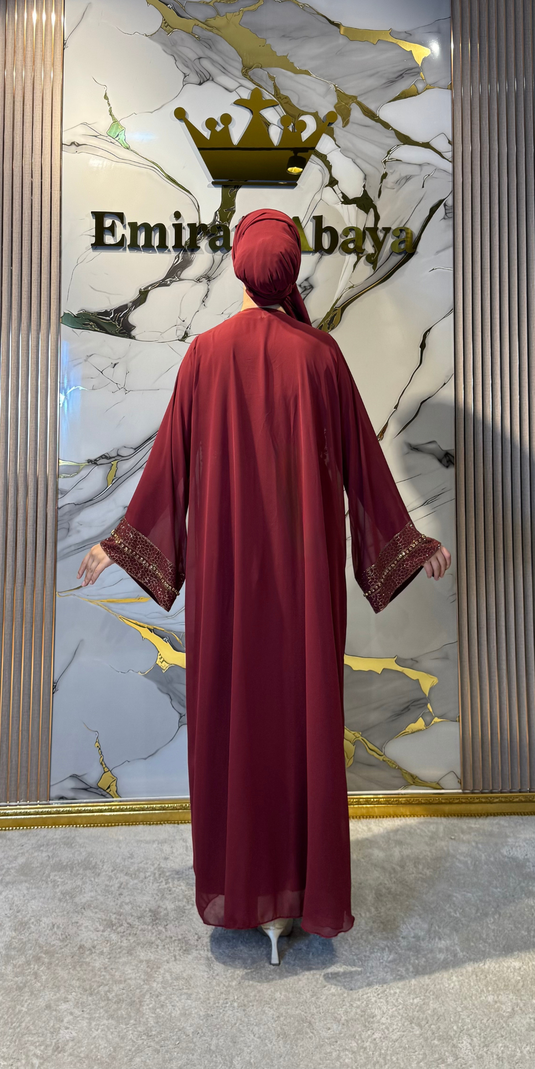 Önü Açık Gold Yöresel Bordo Abaya