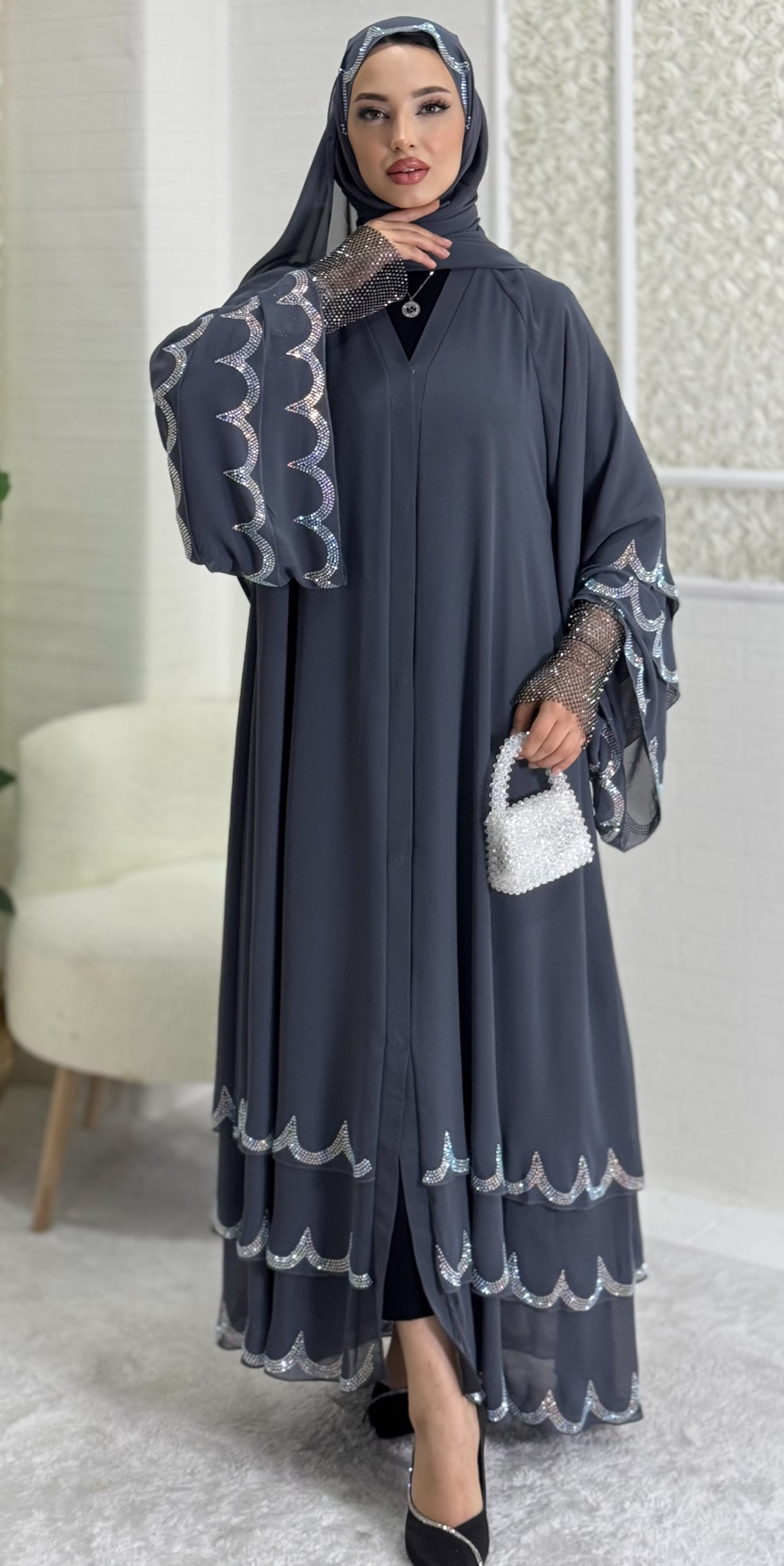 Etek Uçları Swarovski Taşlı Siyah Abaya