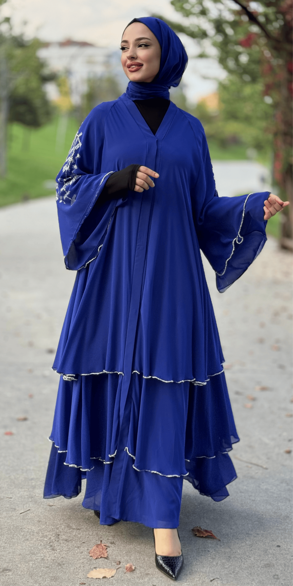 Blue Abaya with Swarovski Pattern on Shoulders