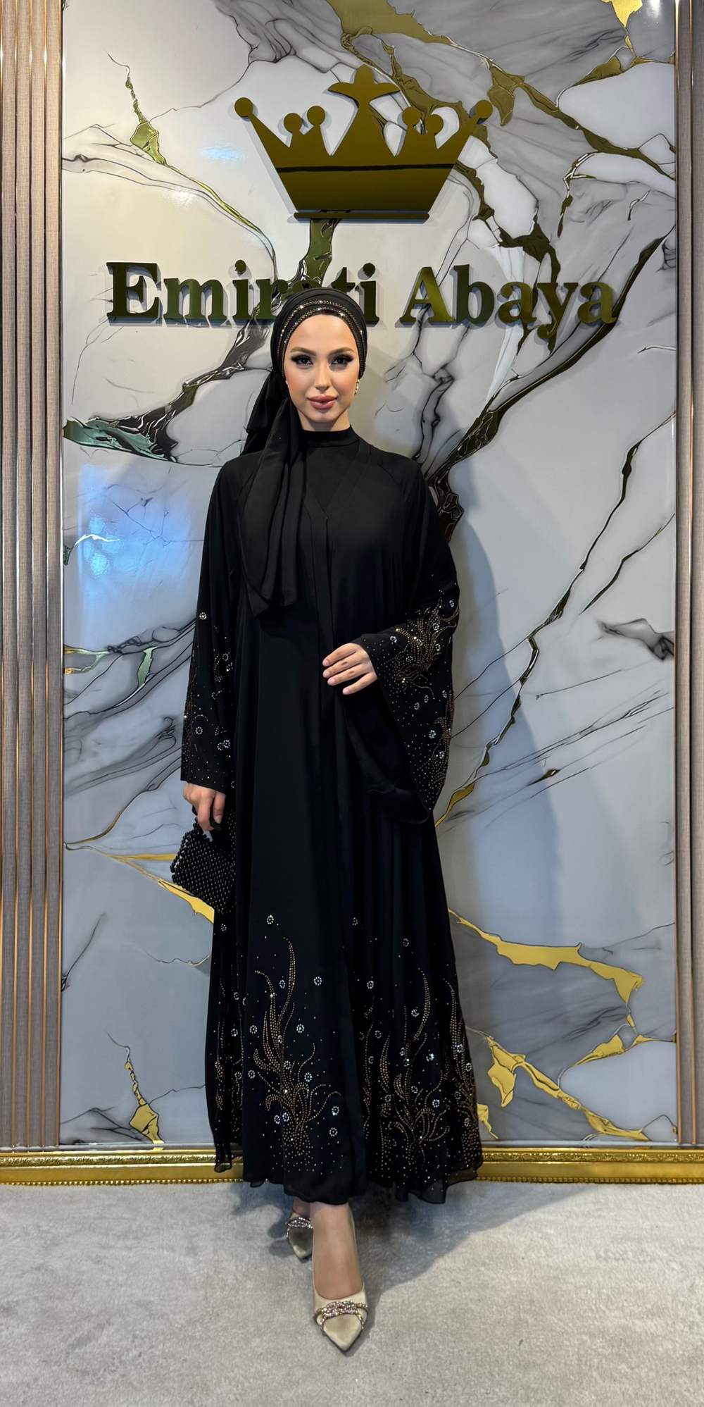 Gold Stone Flame Patterned Chiffon Abaya