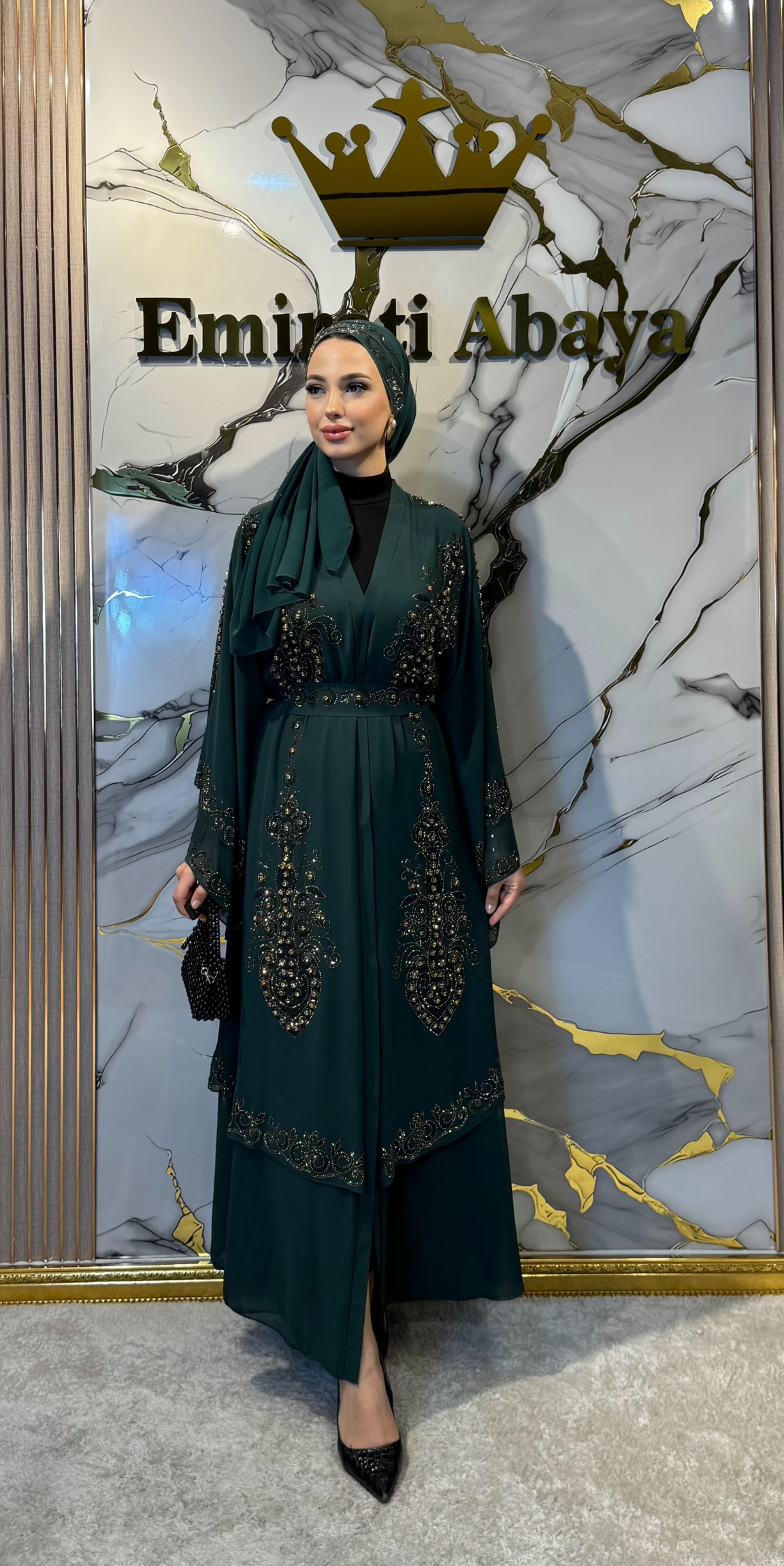 Gold Taşlı Çift Katlı Şifon Yeşil Abaya