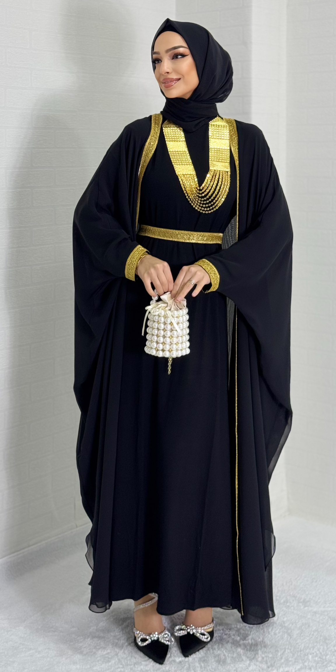 Open Front Gold Patterned Local Abaya