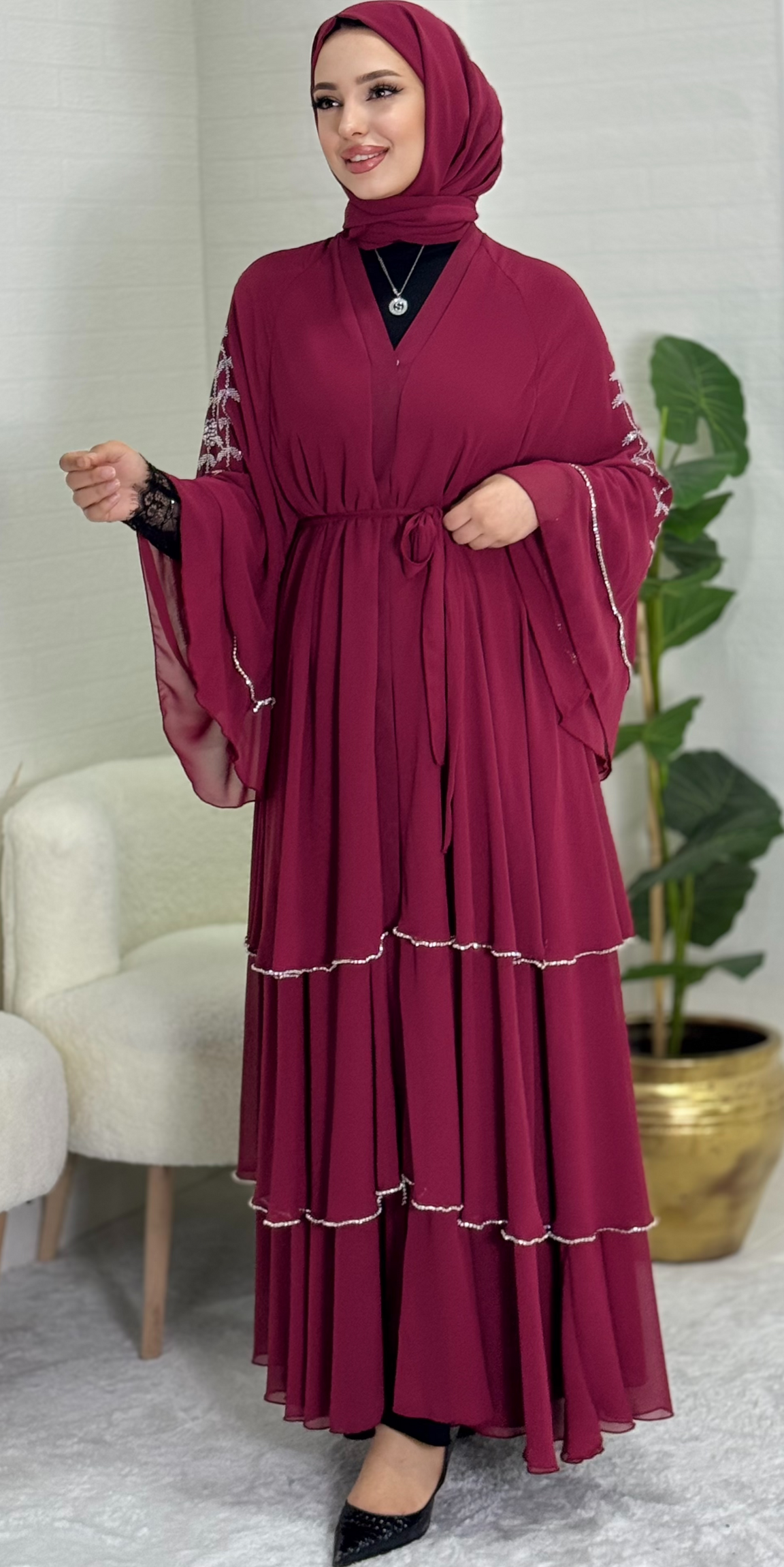 Omuzları Swarovski Desenli Bordo Abaya