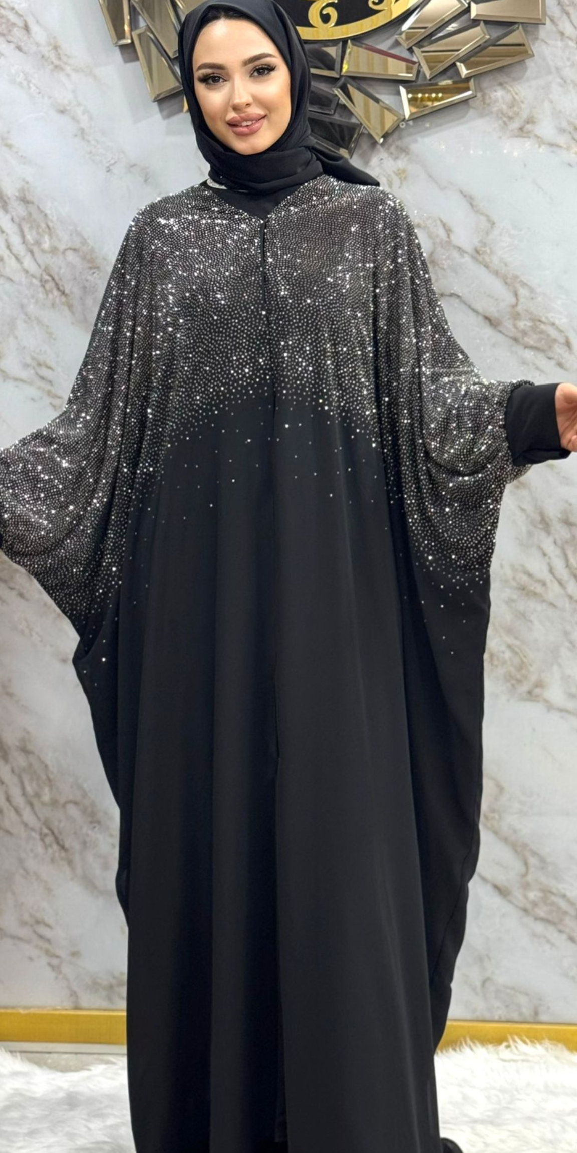 Black Bat Sleeve Abaya with Shiny Stones on Top